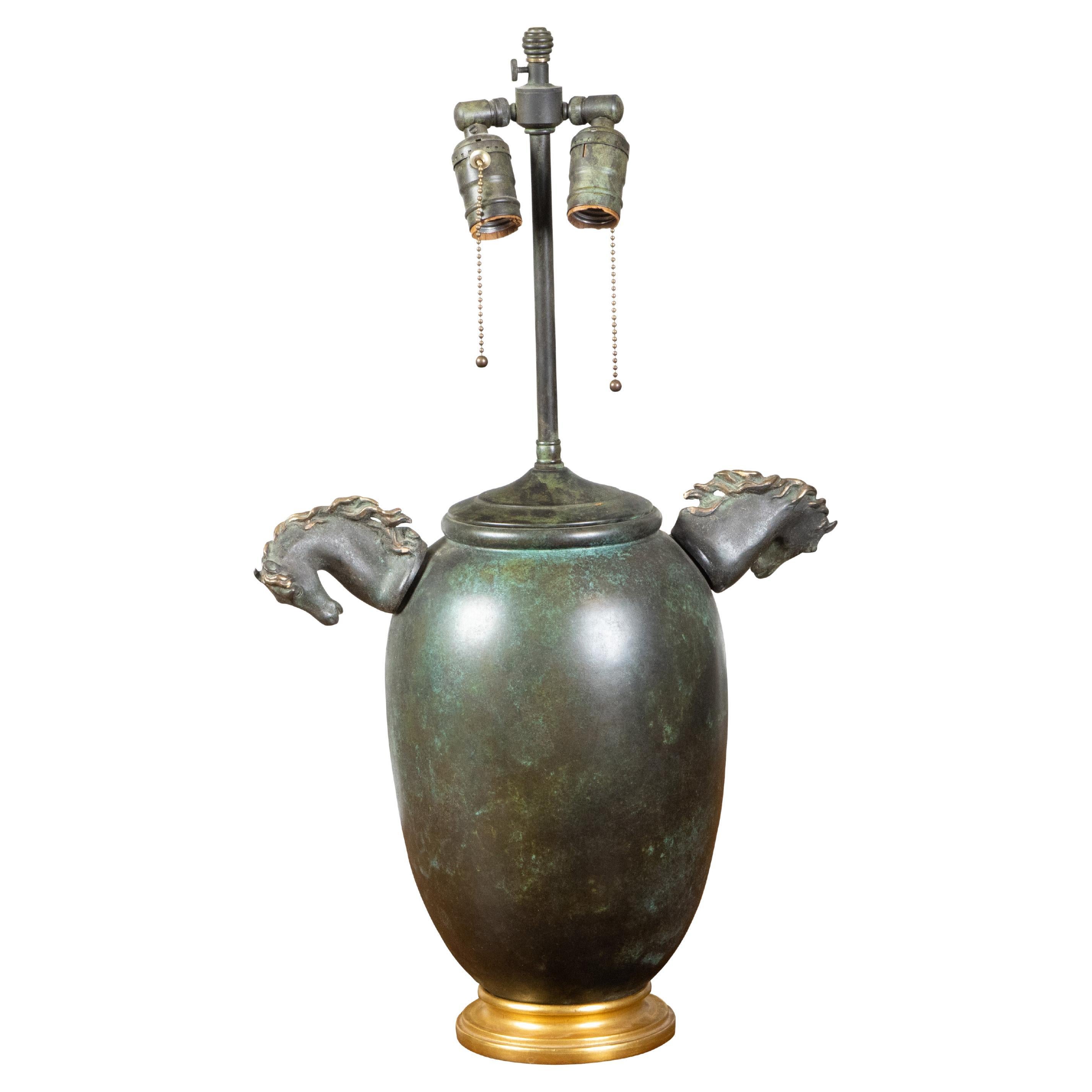 Midcentury English Verdigris Bronze Two-Light Table Lamp with Horse Heads For Sale