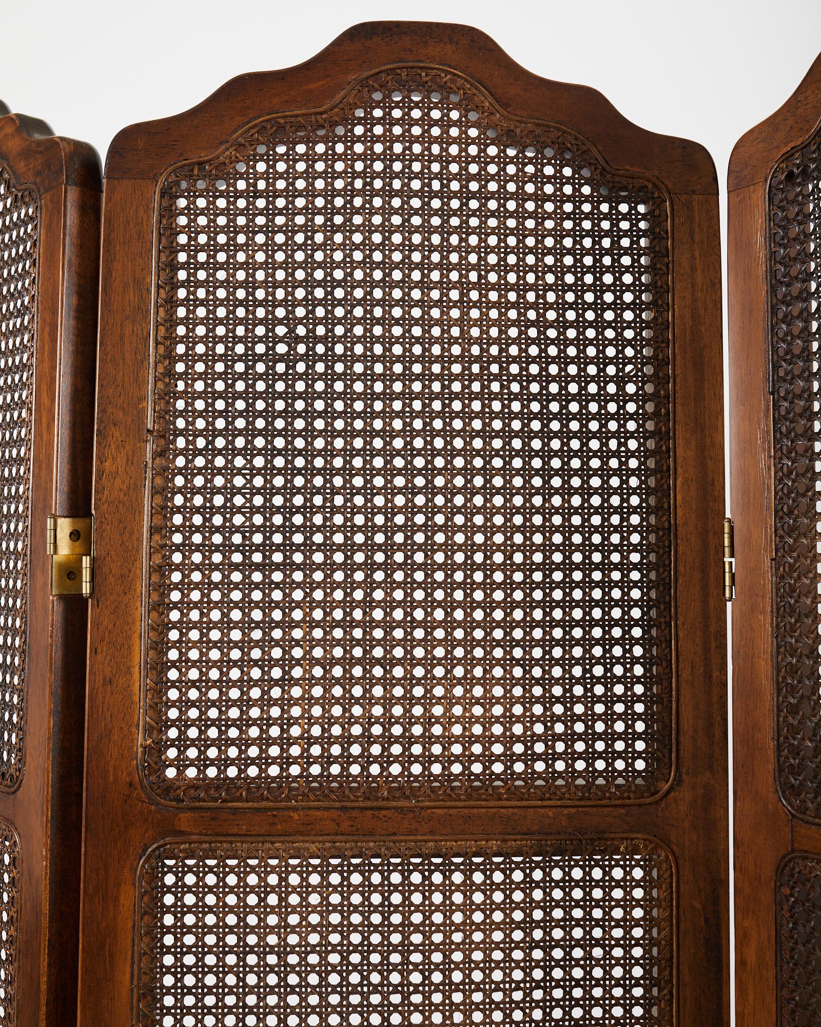 Brass Midcentury English Walnut Cane Four Panel Folding Screen