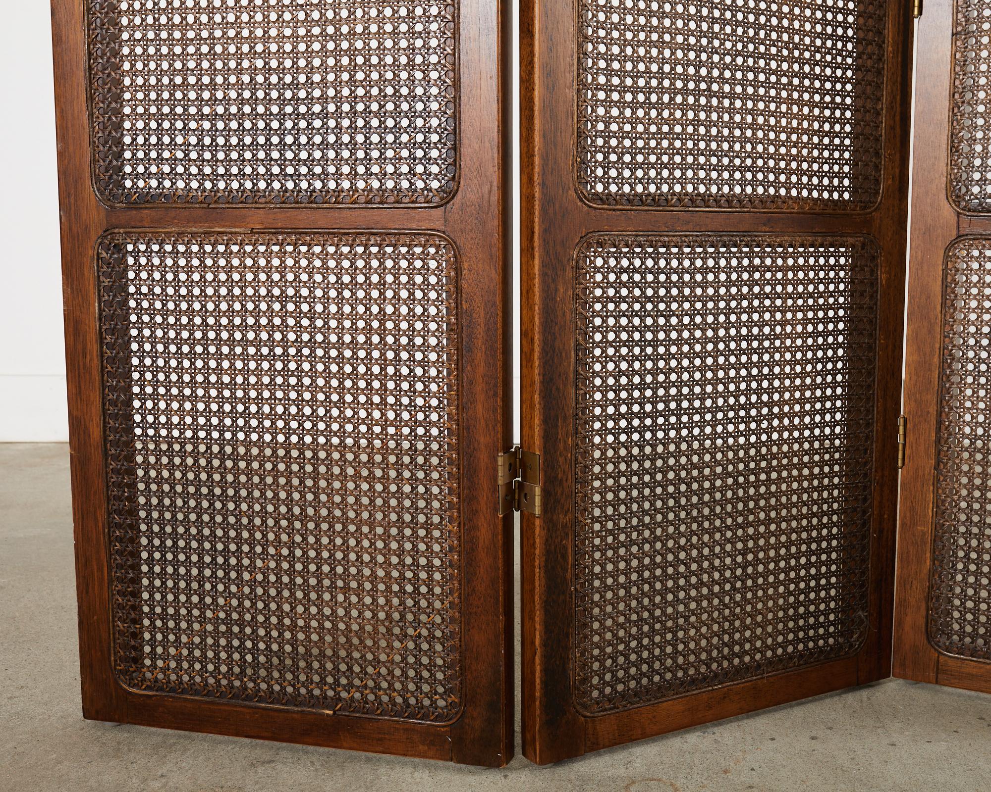 Midcentury English Walnut Cane Four Panel Folding Screen In Good Condition In Rio Vista, CA