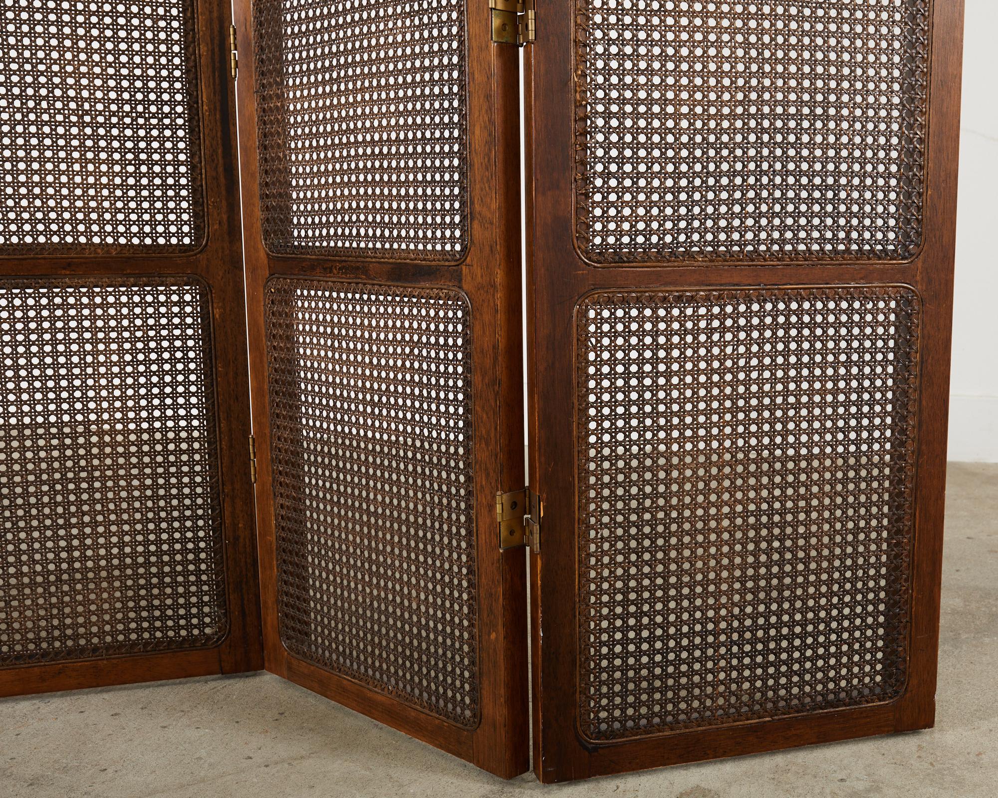20th Century Midcentury English Walnut Cane Four Panel Folding Screen