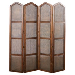 Vintage Midcentury English Walnut Cane Four Panel Folding Screen