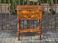 Midcentury English Walnut Side Table with Drawers and Turned Legs