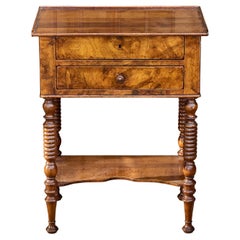 Midcentury English Walnut Side Table with Drawers and Turned Legs