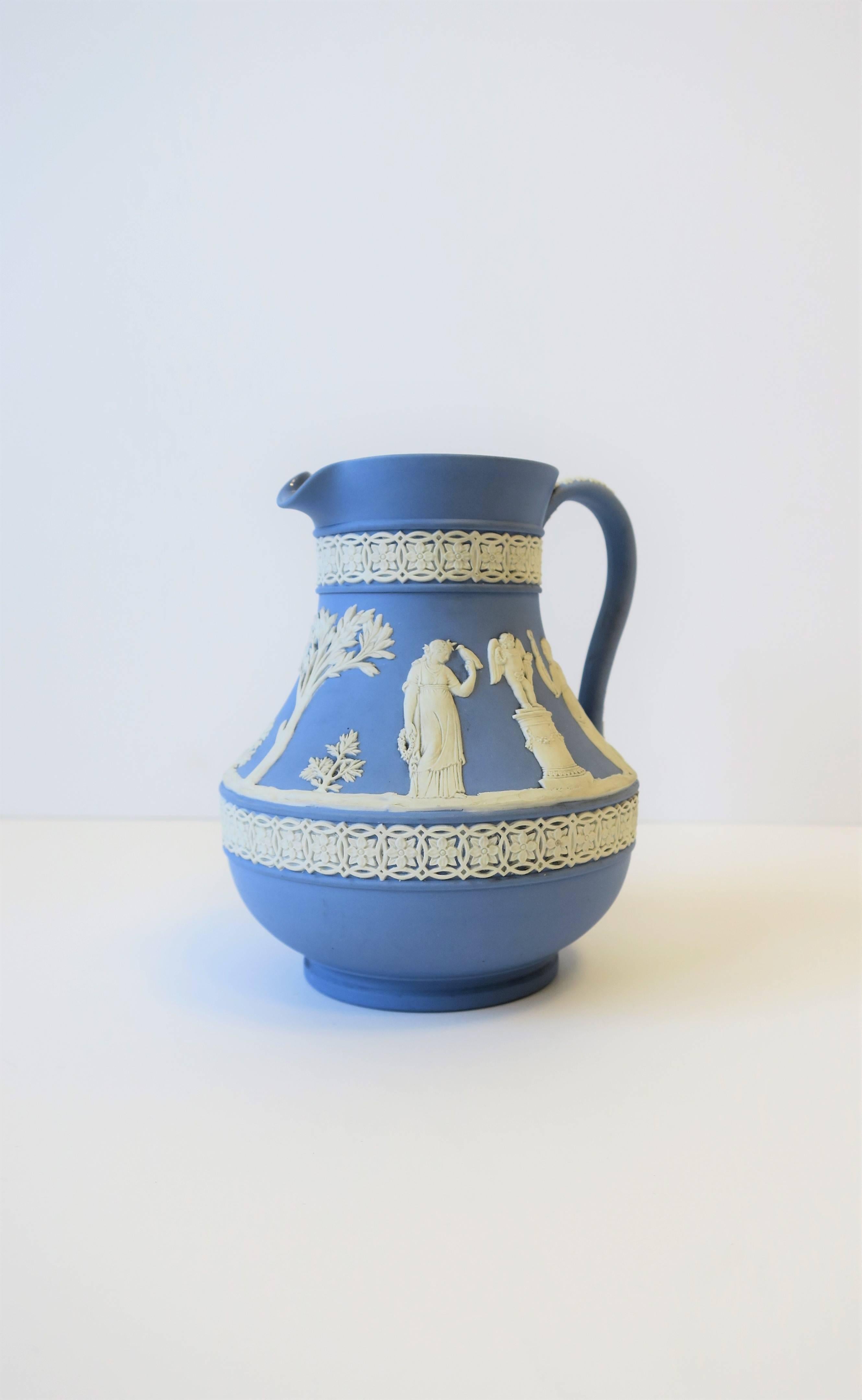 Stoneware English Wedgwood Neoclassical Blue and White Jasperware Pitcher
