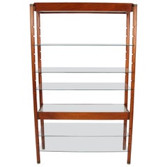 Midcentury English Wooden and Glass Bookshelf with Light Up Shelves