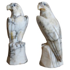 Midcentury Era Hand Carved Pair of Alabaster Majestic Eagle Sculptures