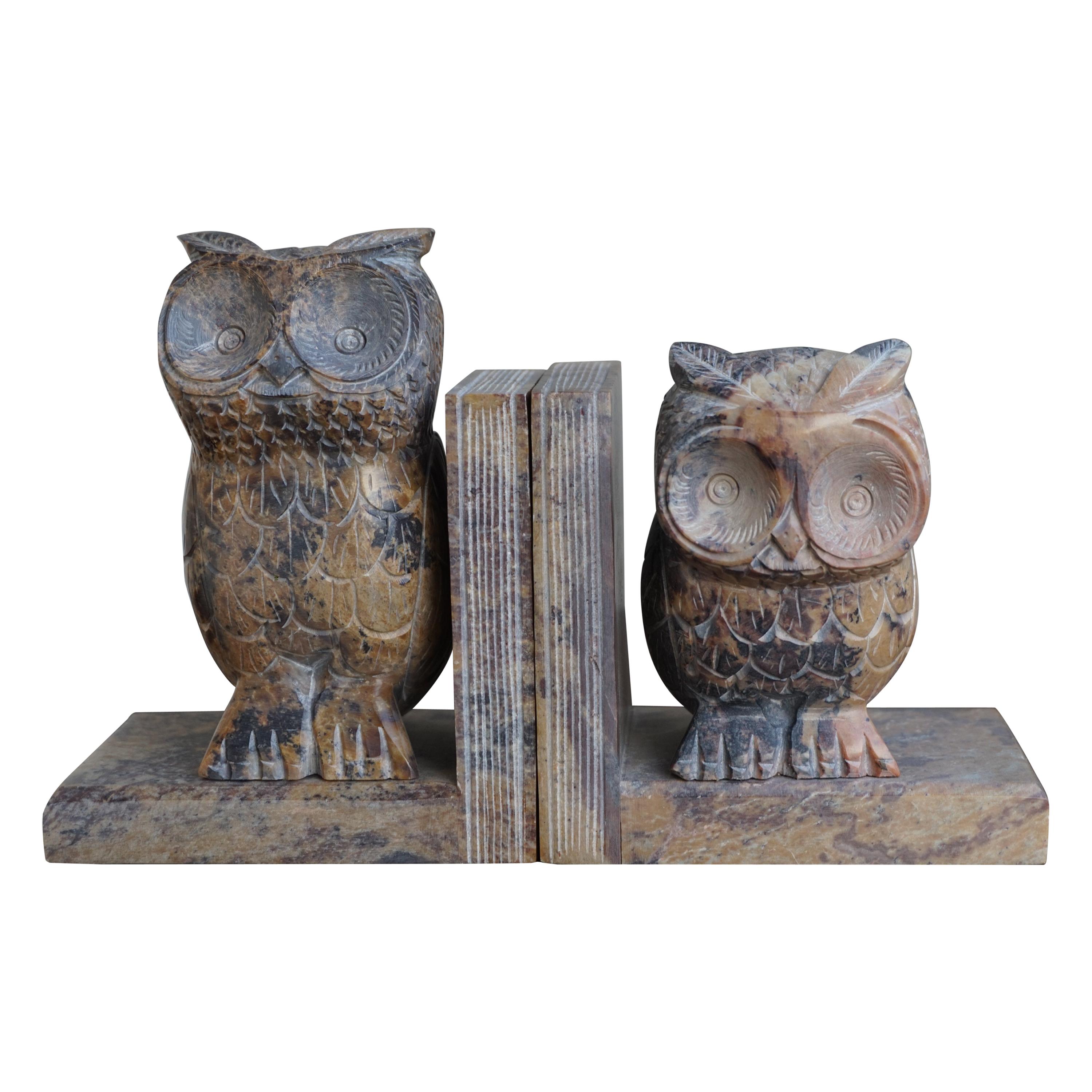 Midcentury Era, Hand Carved Purple & Terra Color Marble Sculpture Owl Bookends