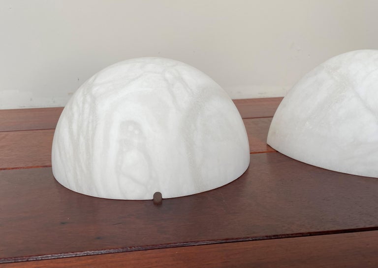 Metal MidCentury Era Mint Pair of Art Deco Style White Alabaster Wall Sconces / Lights For Sale