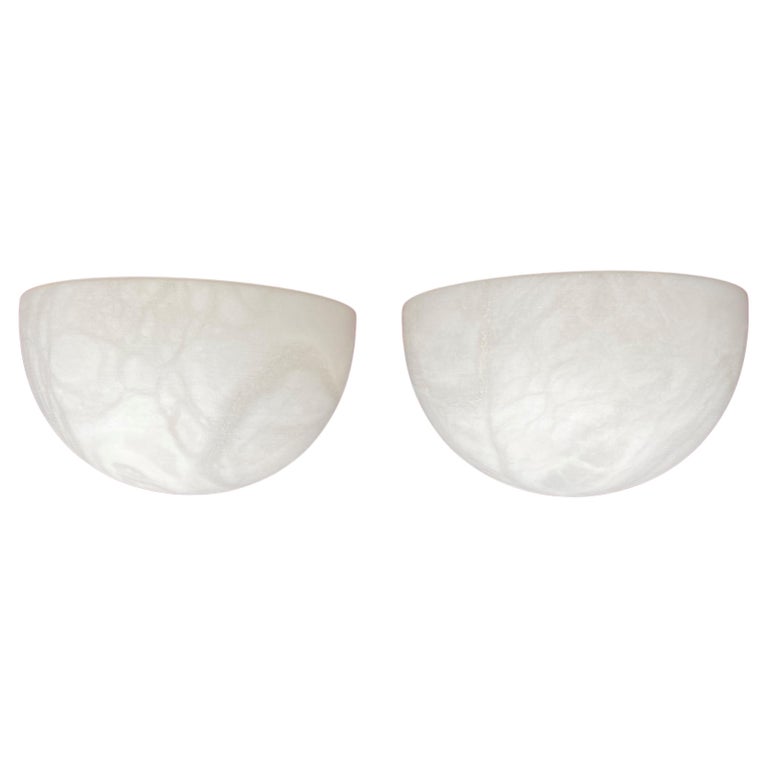 MidCentury Era Mint Pair of Art Deco Style White Alabaster Wall Sconces / Lights For Sale