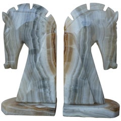 Midcentury Era Pair of Handcrafted Art Deco Style Horse Sculpture Onyx Bookends