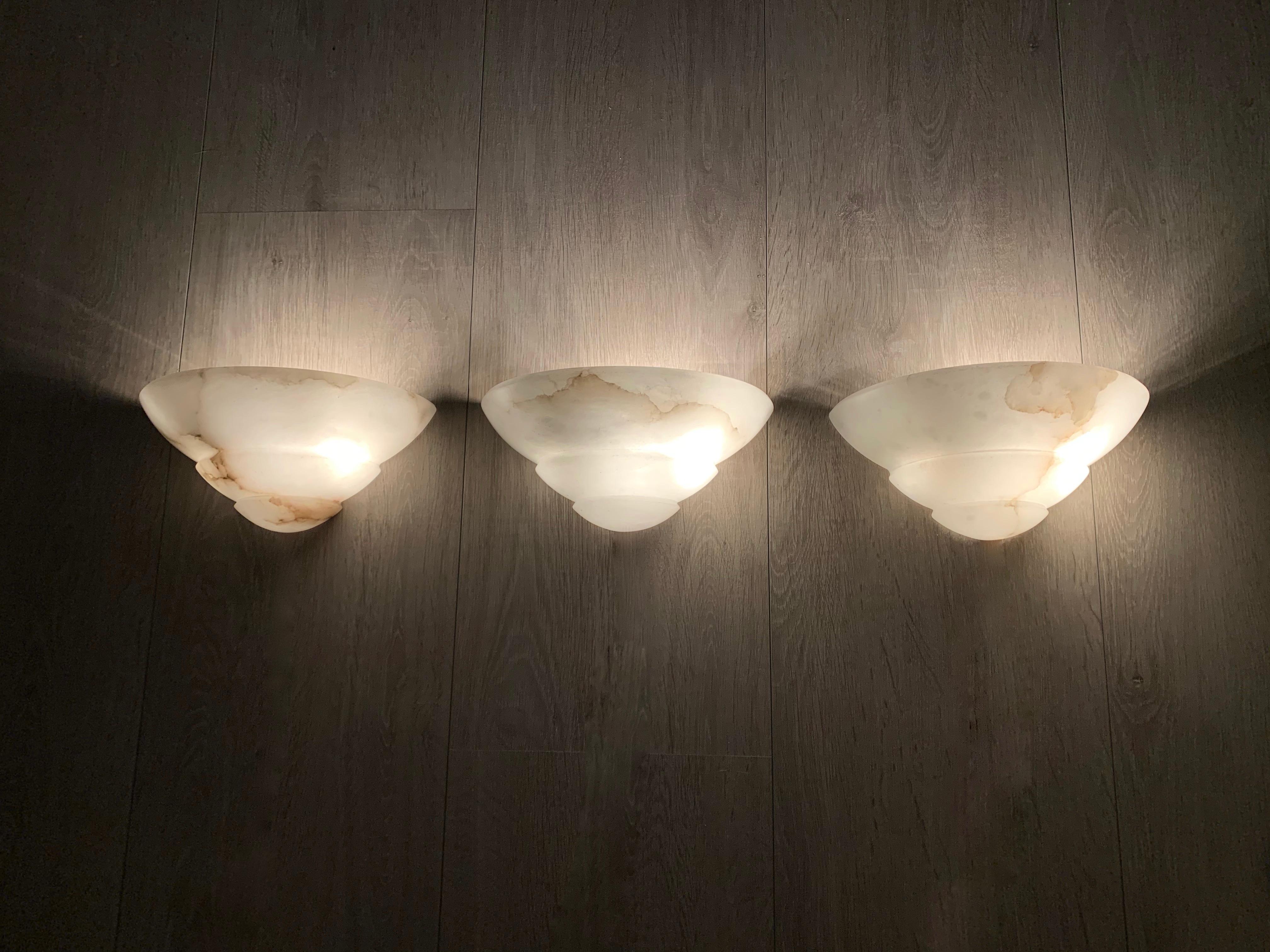 European Timeless Set of Three Art Deco Style Alabaster Wall Sconces Lamps / Lights