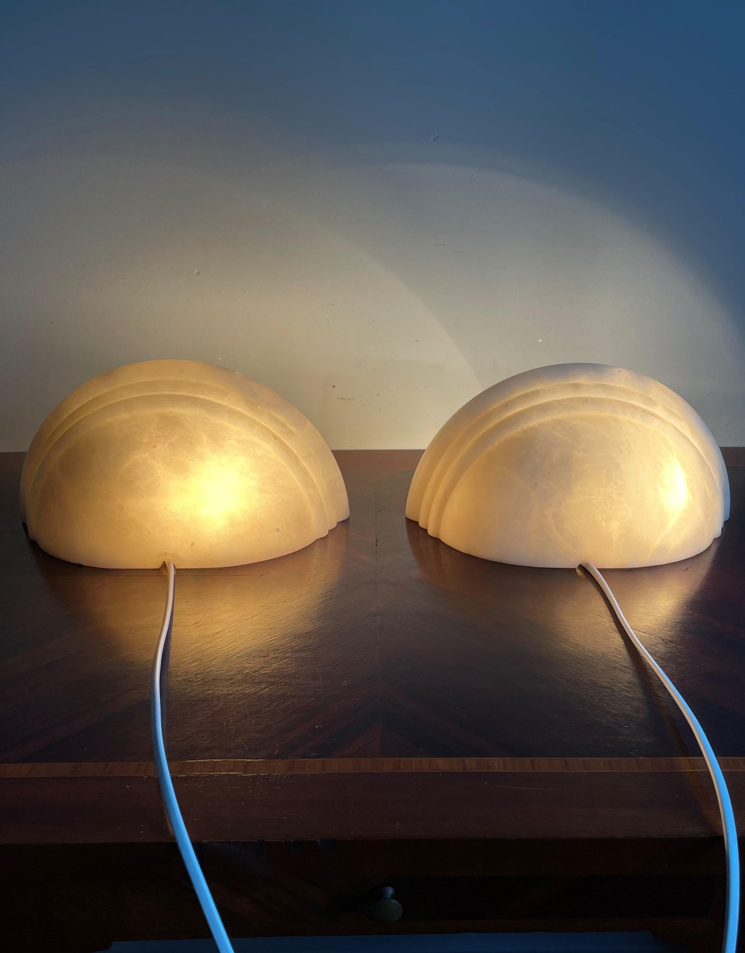European Mid-Century Era Set of Two Small Art Deco Style Alabaster Wall Lamps or Sconces For Sale
