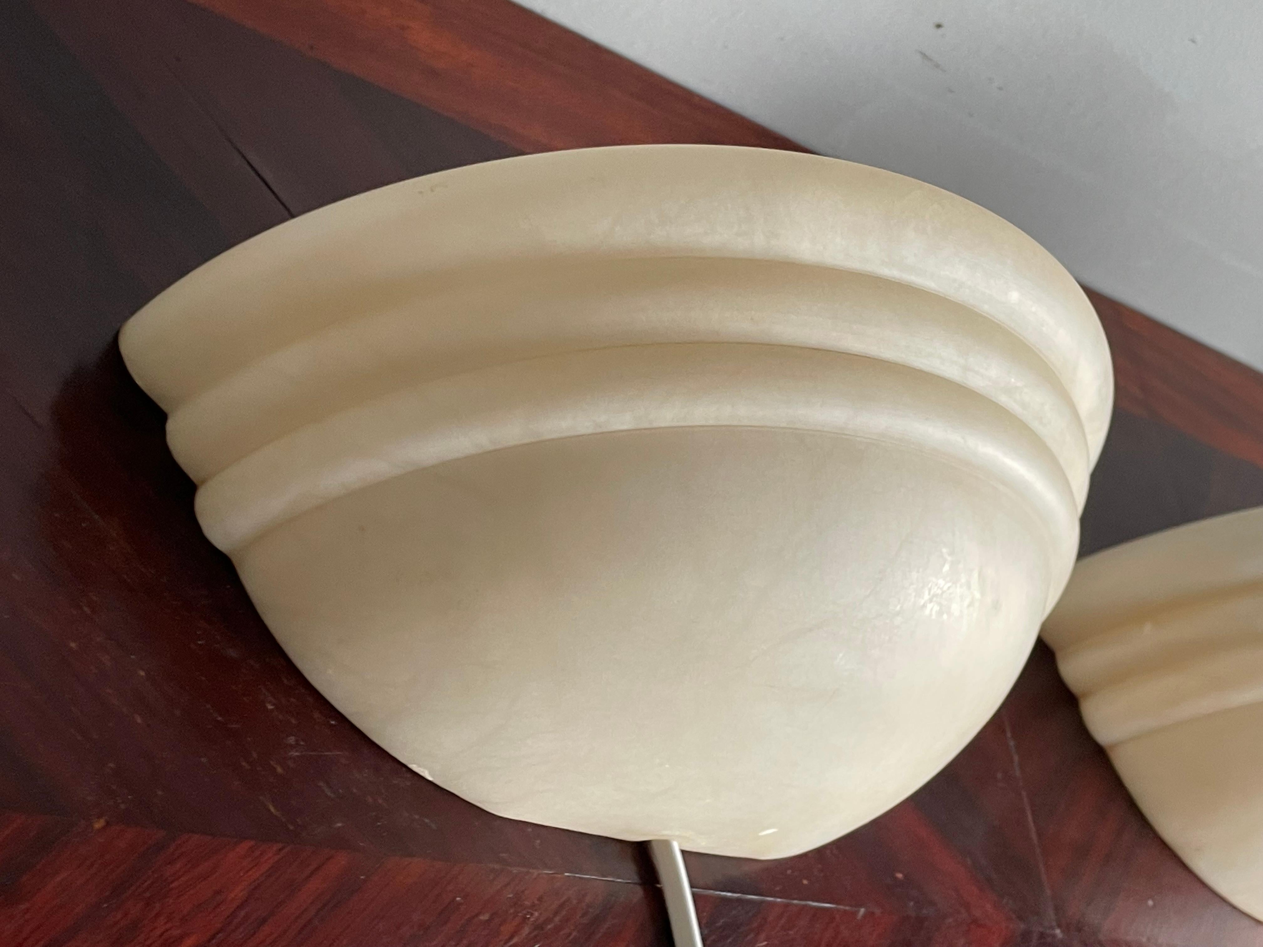 Hand-Crafted Mid-Century Era Set of Two Small Art Deco Style Alabaster Wall Lamps or Sconces For Sale