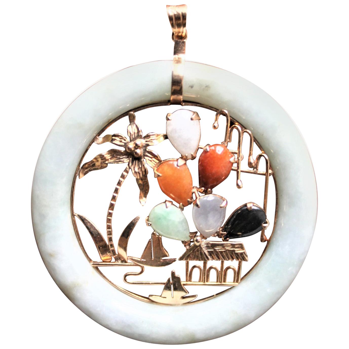 Midcentury Era White Jade and 14-Karat Yellow Gold Chinoiserie Styled Pendant For Sale