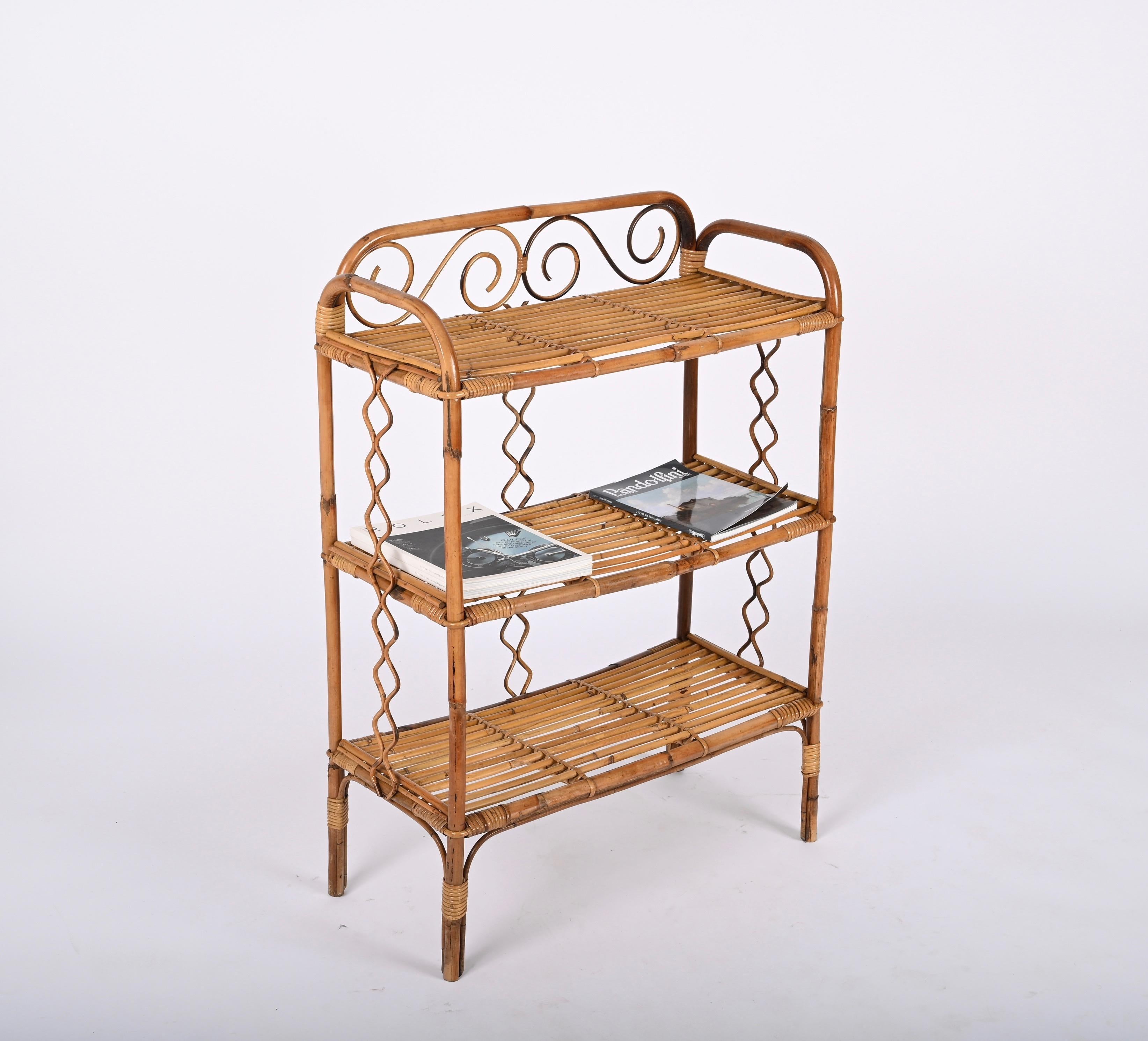 Midcentury Étagère Bamboo and Rattan, Italian Bookcase with Three Shelves, 1970s For Sale 7