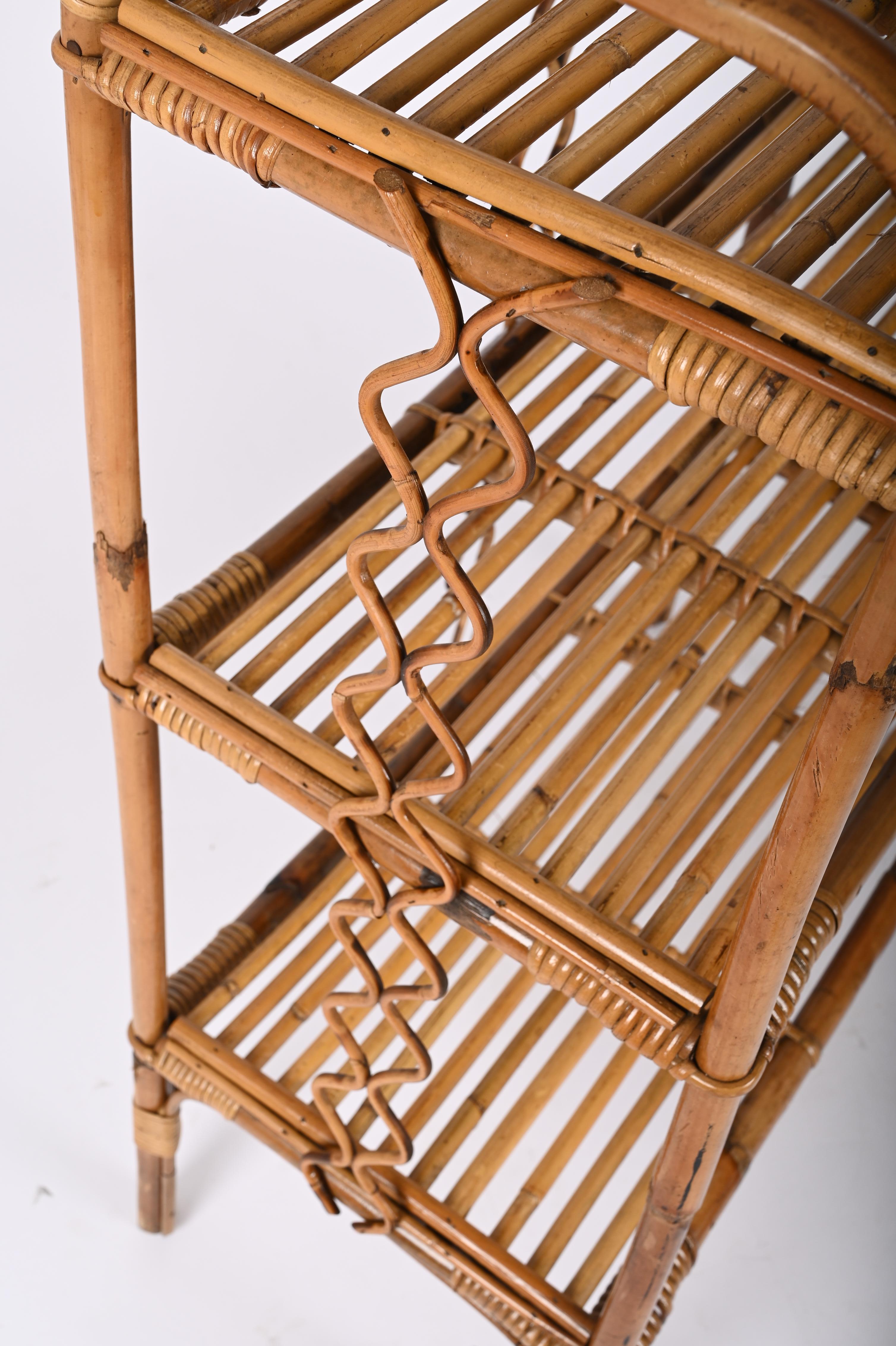 Midcentury Étagère Bamboo and Rattan, Italian Bookcase with Three Shelves, 1970s For Sale 13