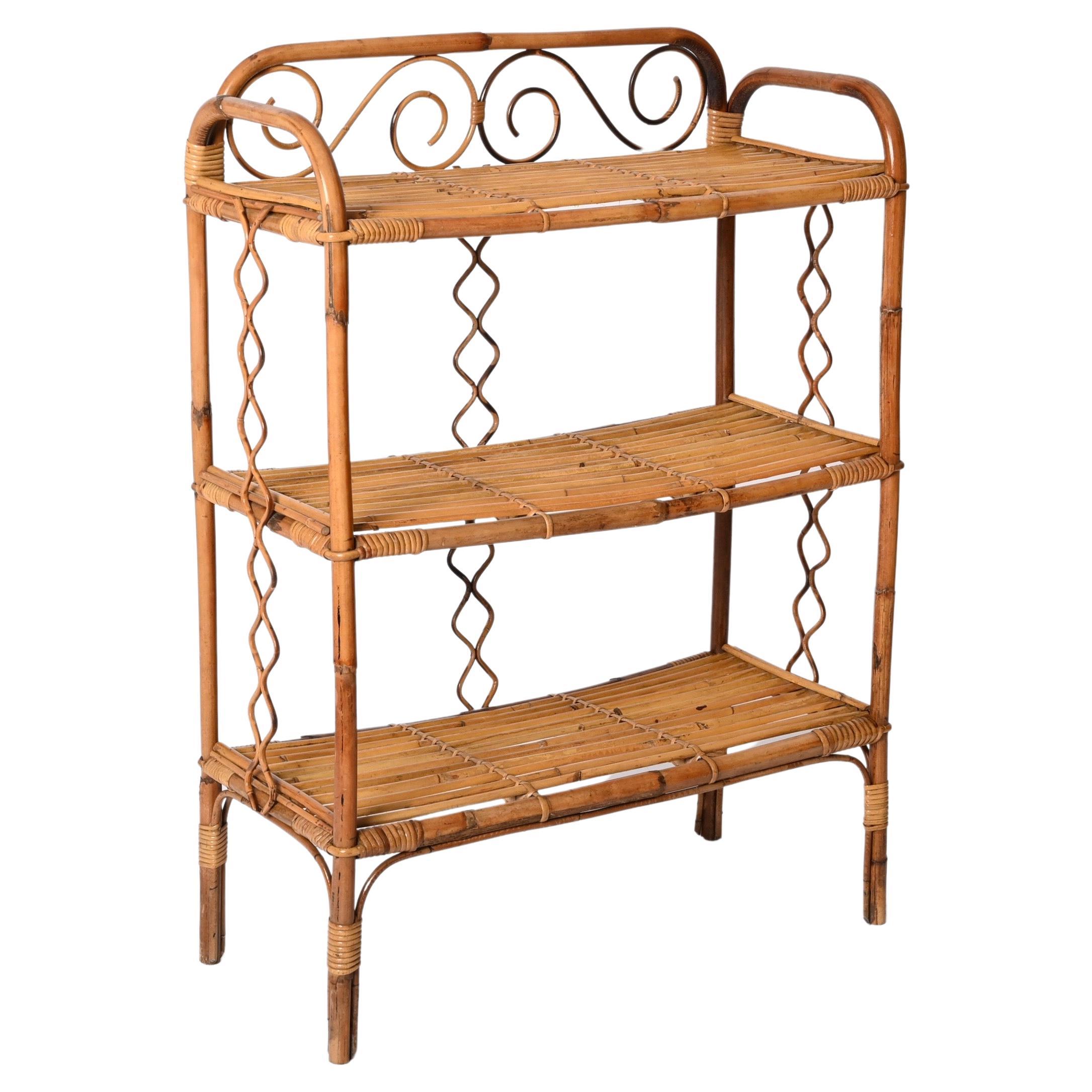 Mid-Century Modern Midcentury Étagère Bamboo and Rattan, Italian Bookcase with Three Shelves, 1970s For Sale