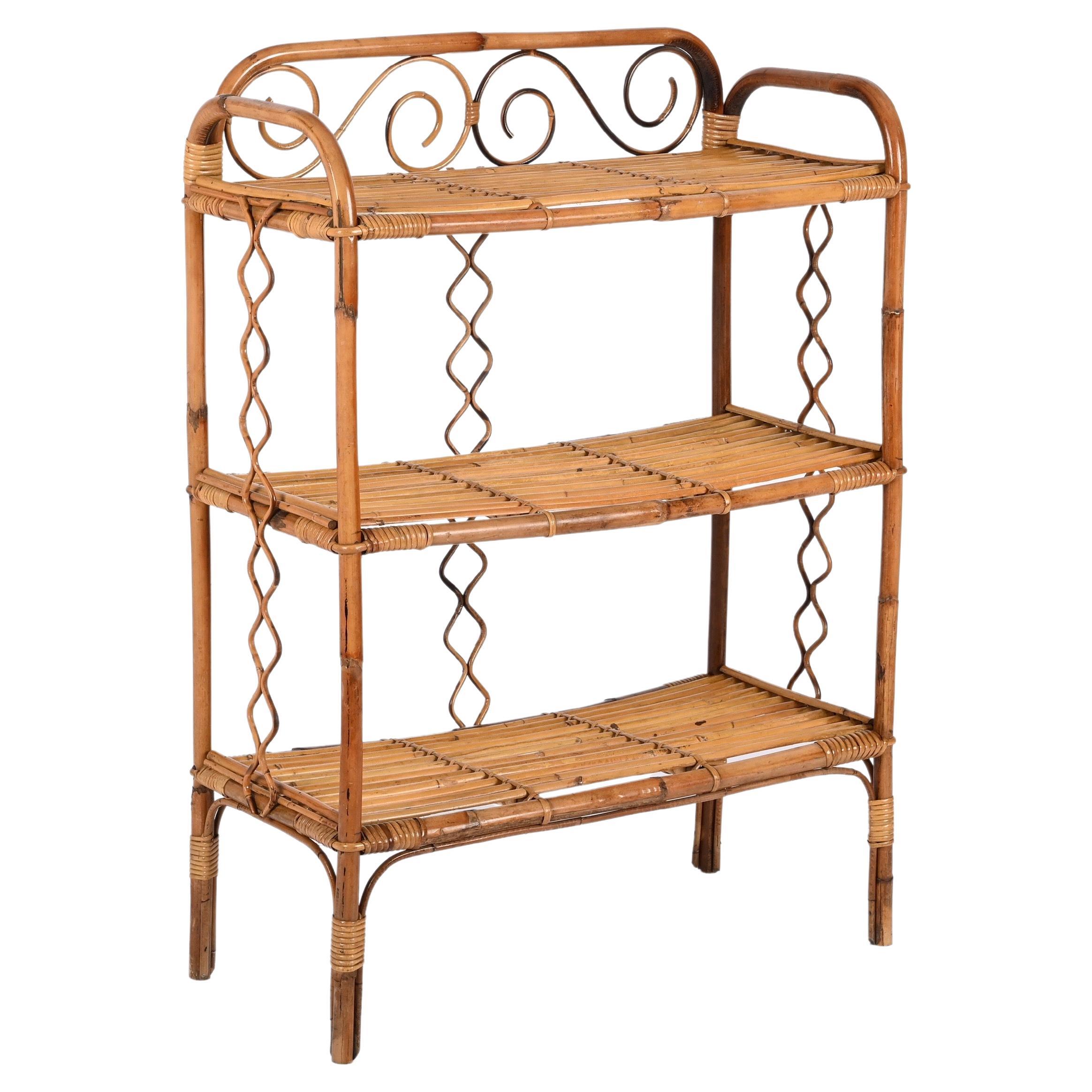 Midcentury Étagère Bamboo and Rattan, Italian Bookcase with Three Shelves, 1970s For Sale