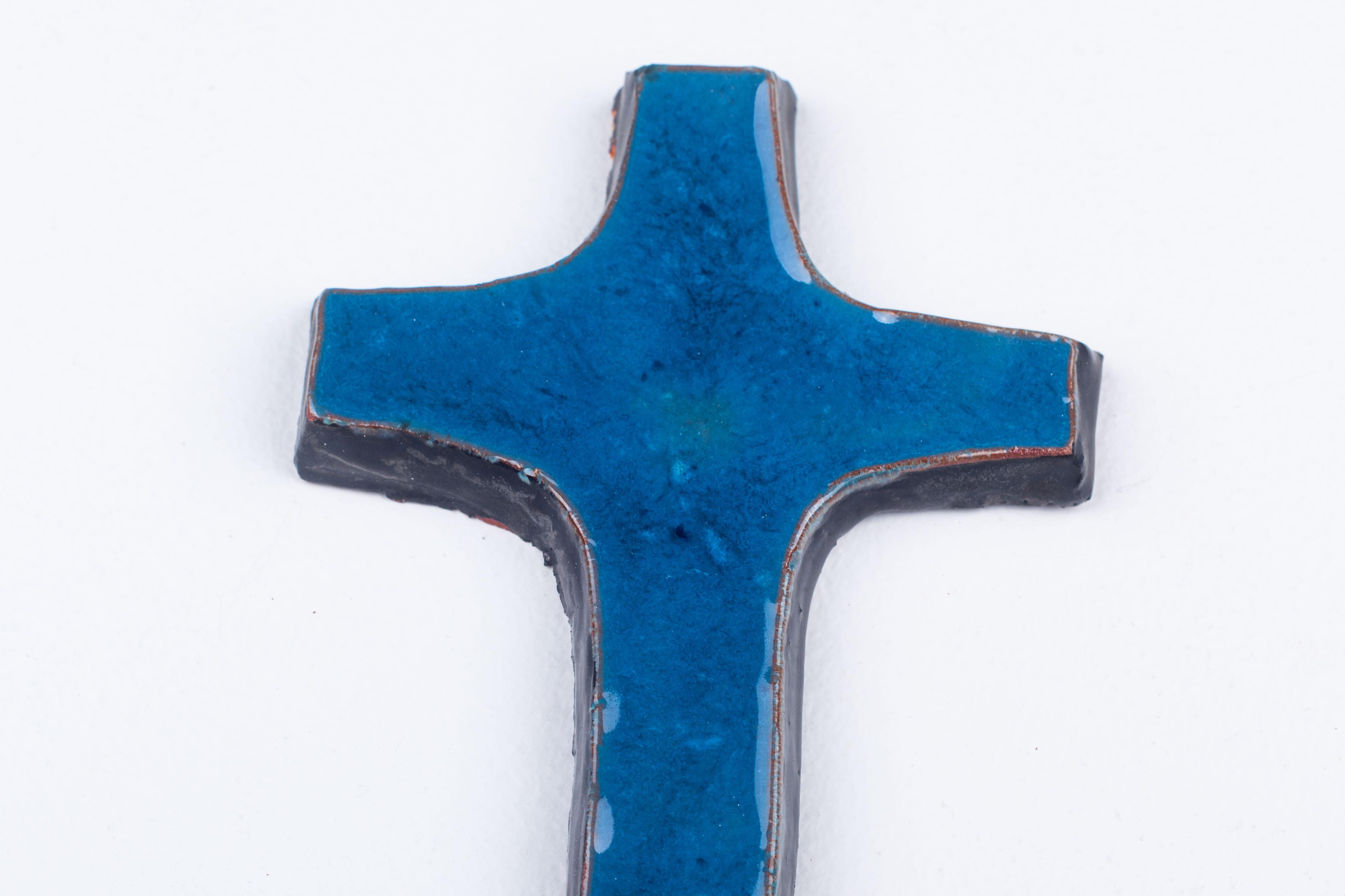 Midcentury European Blue Ceramic Cross, Multidimensional Depths of Blue  7