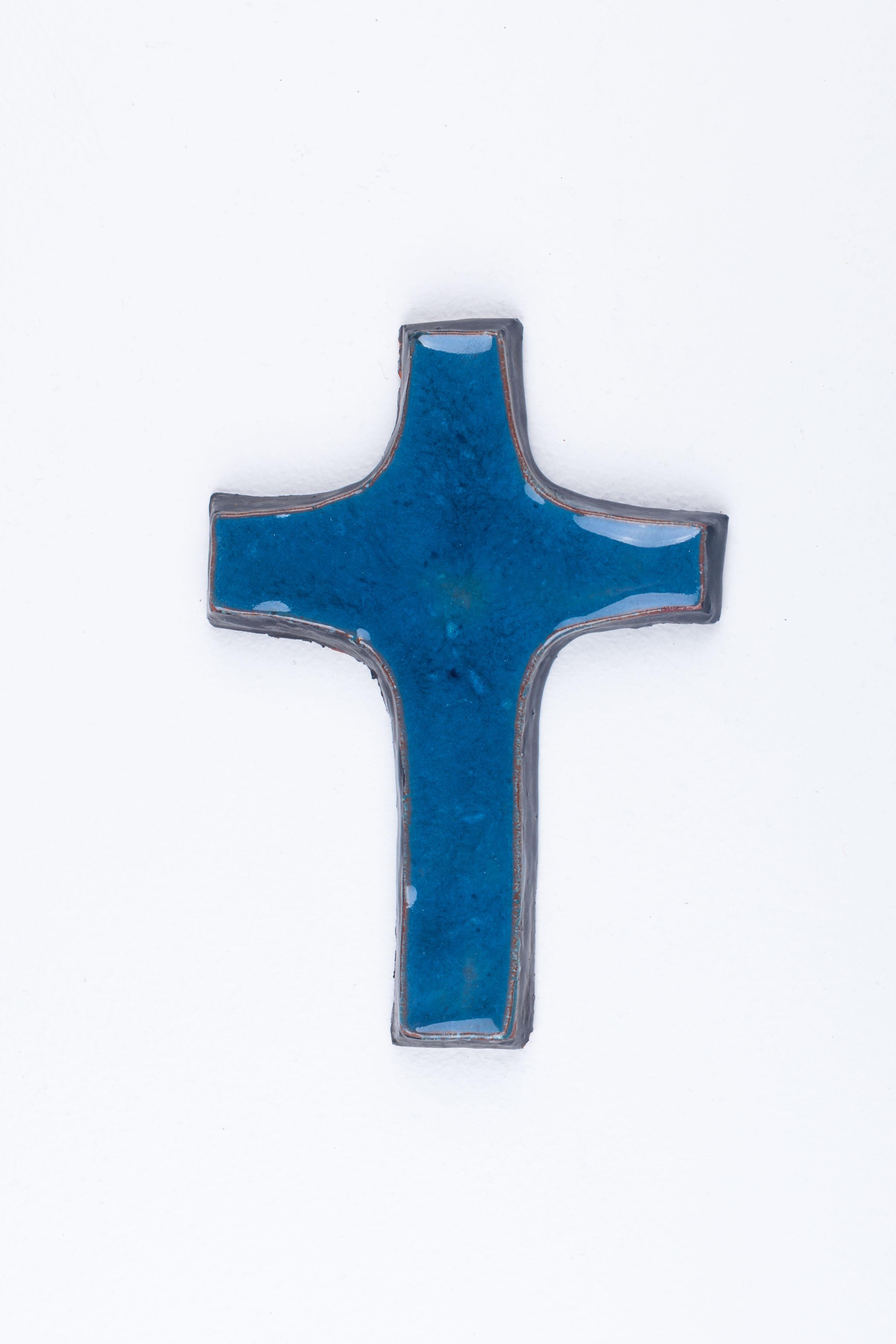 Mid-Century Modern Midcentury European Blue Ceramic Cross, Multidimensional Depths of Blue 