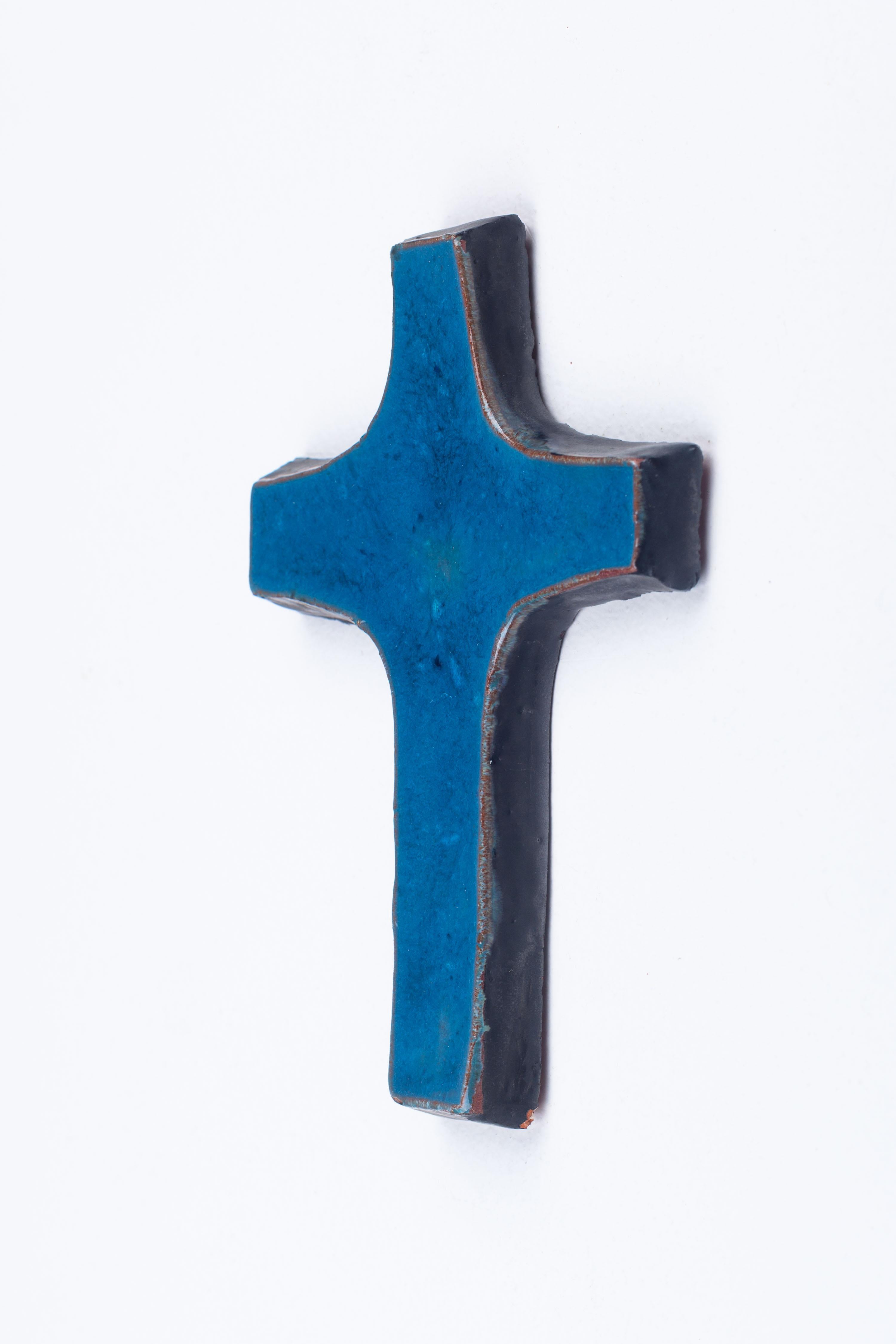 Late 20th Century Midcentury European Blue Ceramic Cross, Multidimensional Depths of Blue 