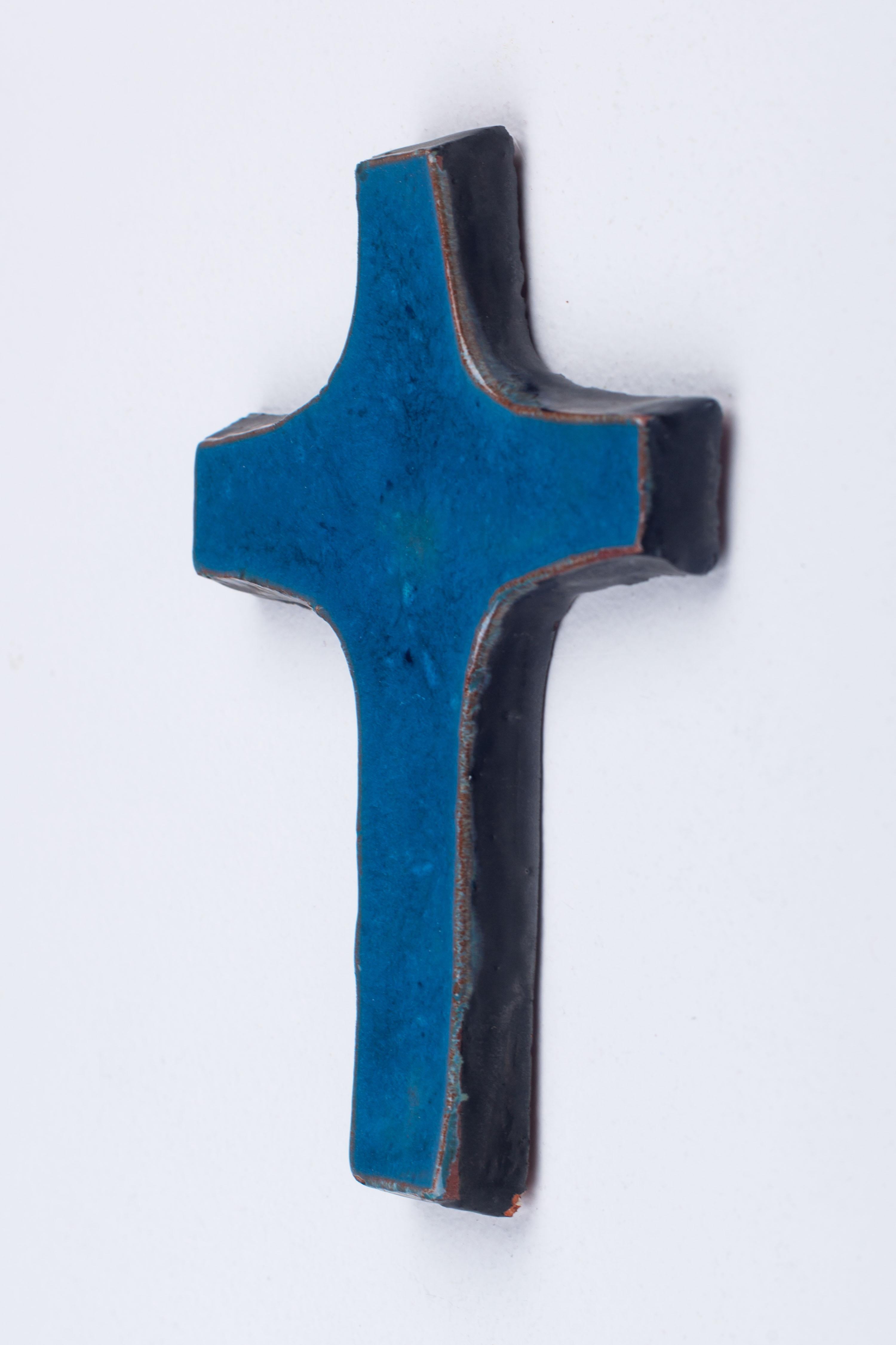 Midcentury European Blue Ceramic Cross, Multidimensional Depths of Blue  1