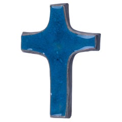 Vintage Midcentury European Blue Ceramic Cross, Multidimensional Depths of Blue 