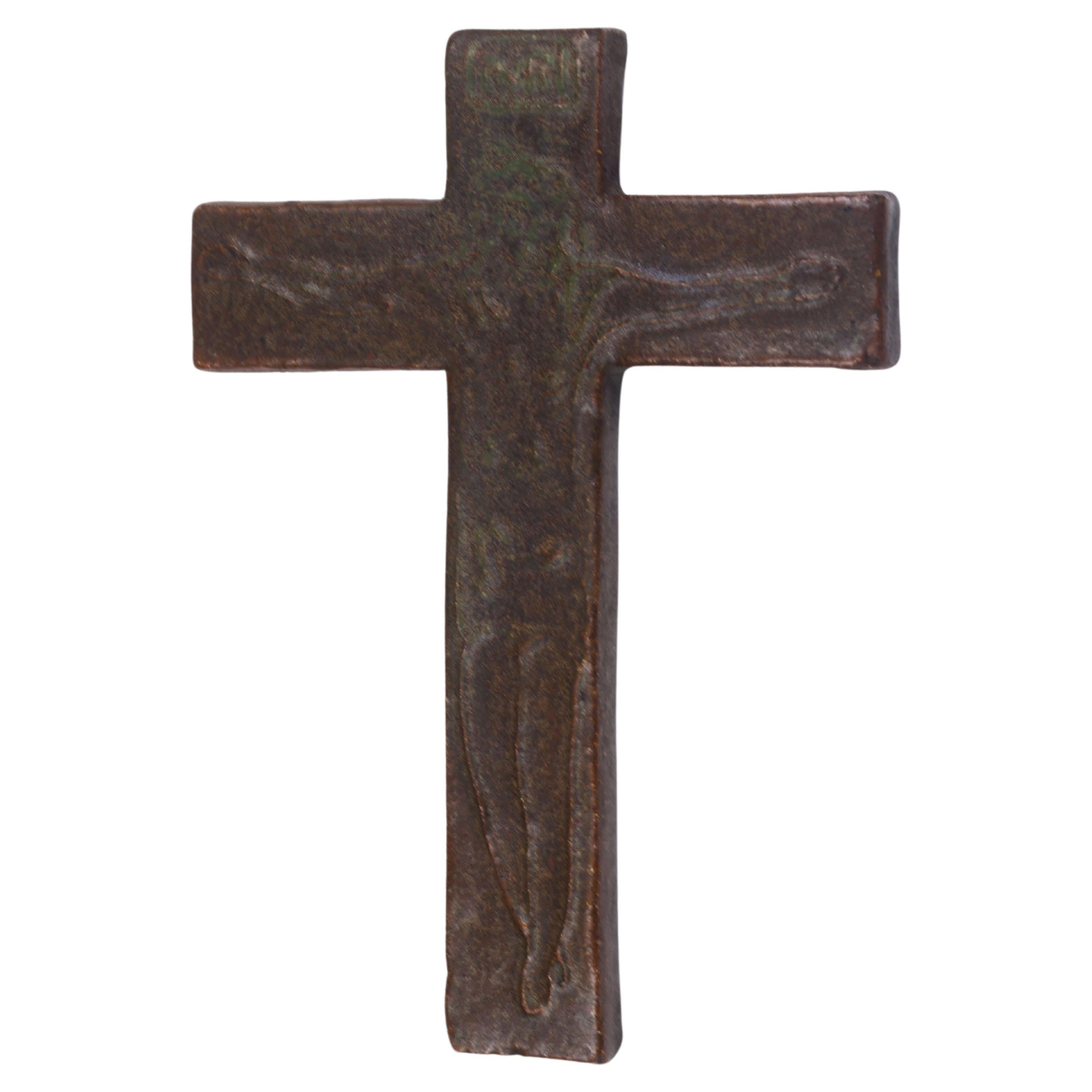 Midcentury European Brown and Green Ceramic Cross Otherworldly Christ Figure For Sale