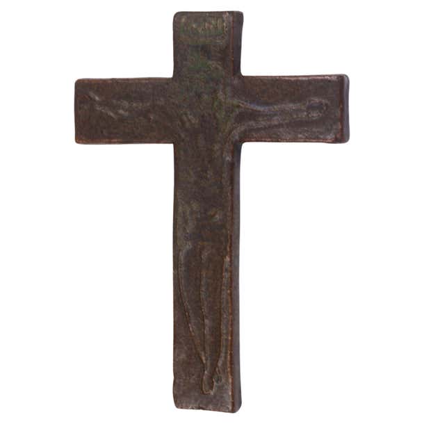 Midcentury European Brown and Green Ceramic Cross Otherworldly Christ ...