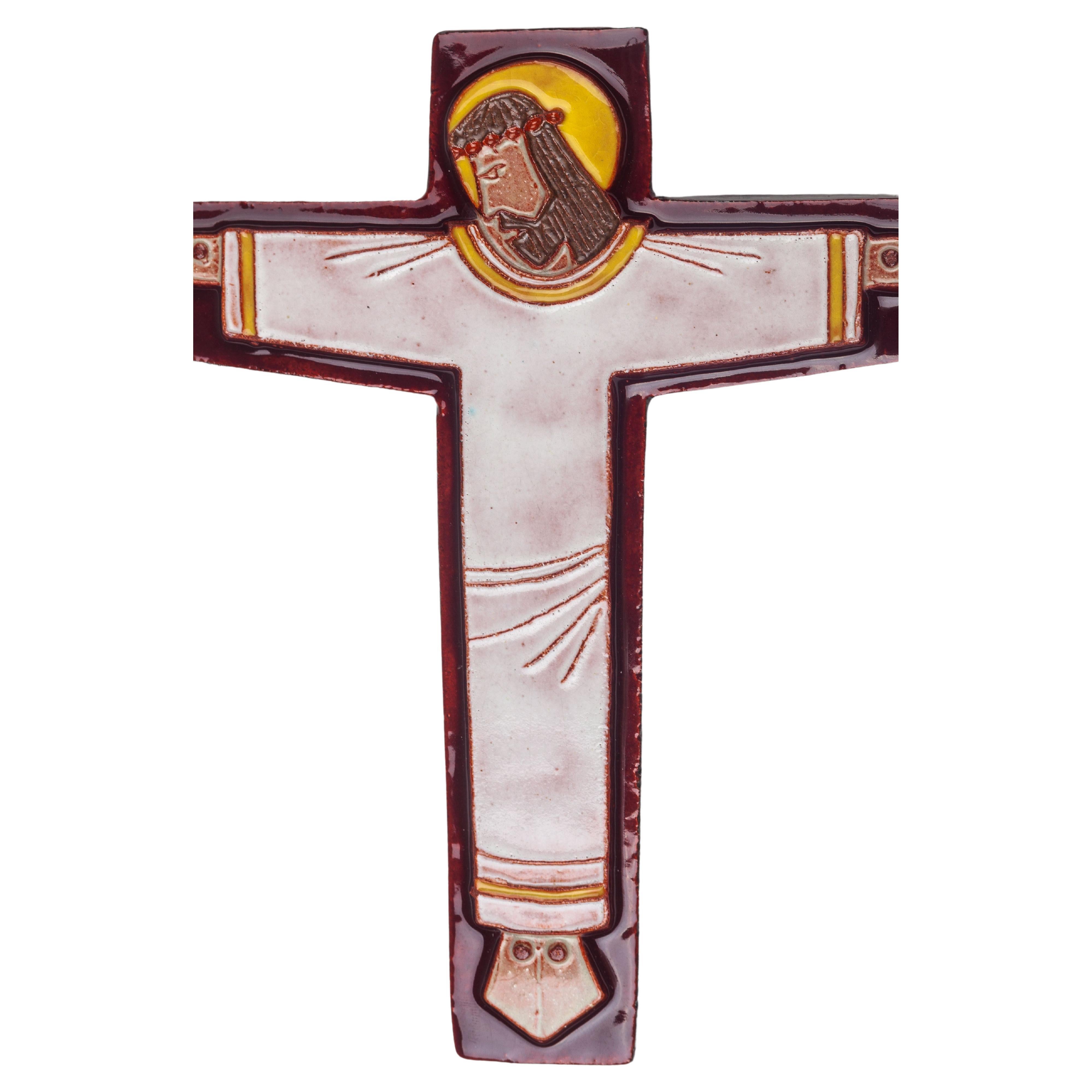 Midcentury European Ceramic Cross, Bohemian Vibe White Cloaked Christ Figure