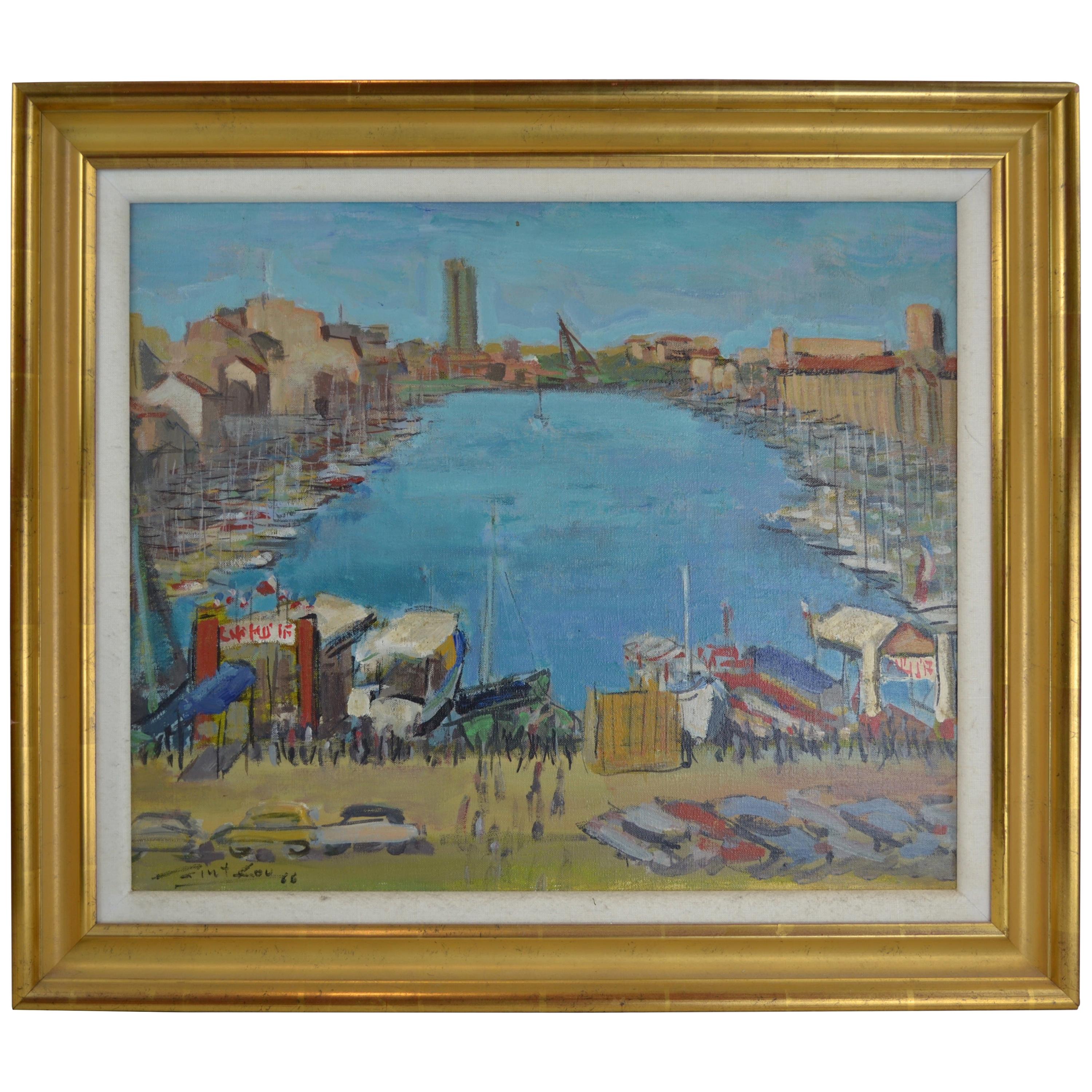 Midcentury European City Marina Scene Signed Zint Lov, 1966 For Sale