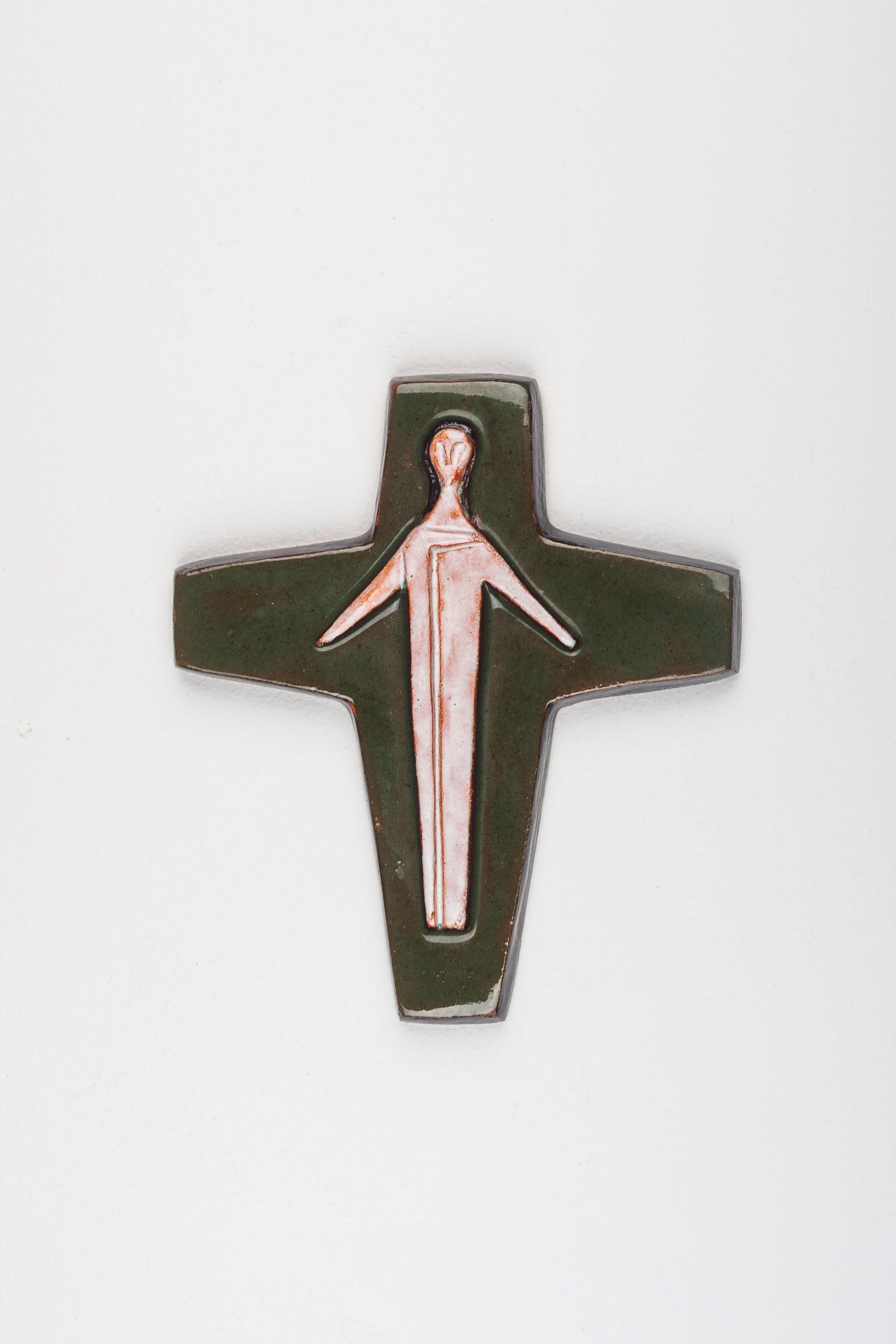 Mid-Century Modern Midcentury European Glossy Ceramic Cross - Otherworldly Christ Figure For Sale