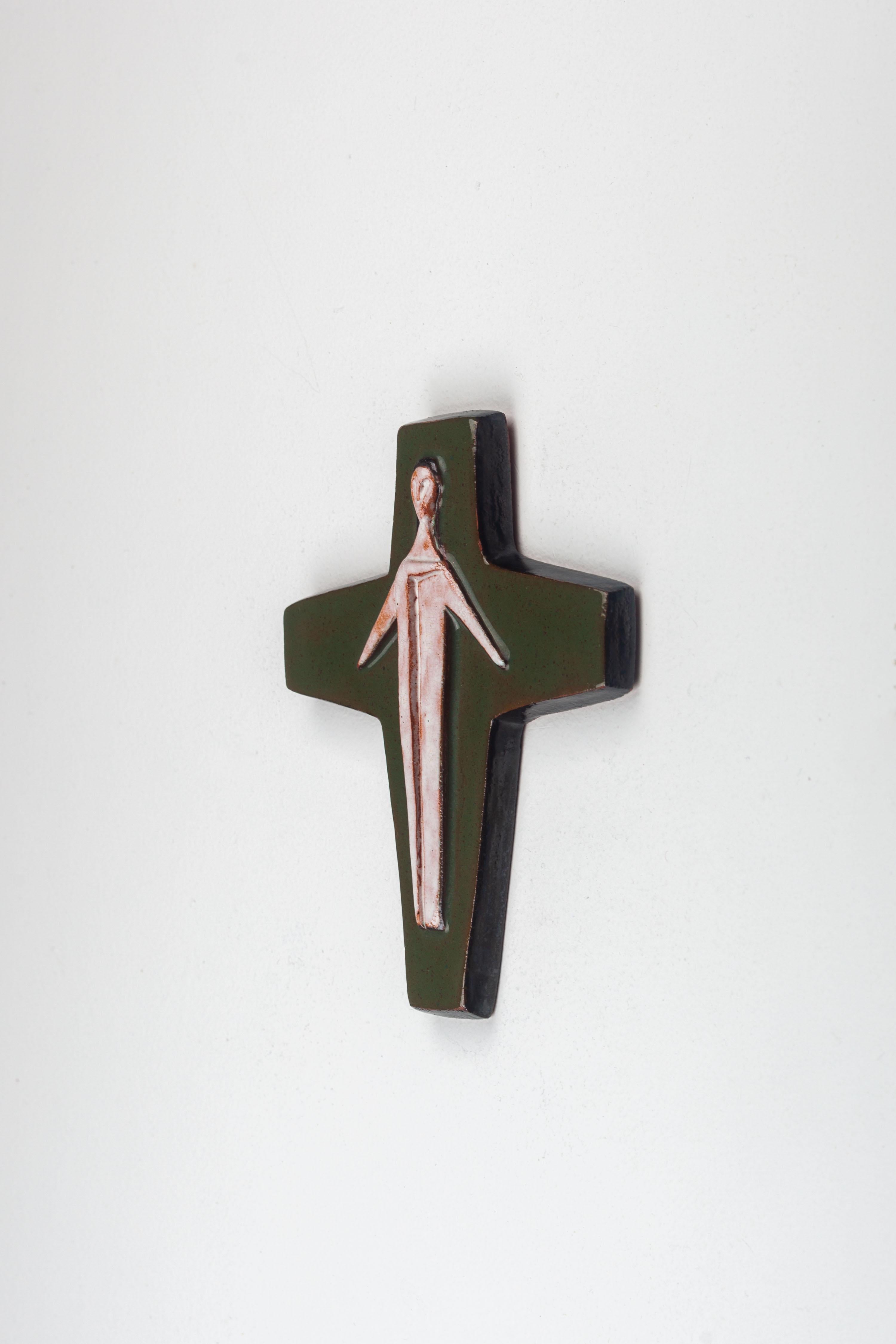 Mid-20th Century Midcentury European Glossy Ceramic Cross - Otherworldly Christ Figure For Sale