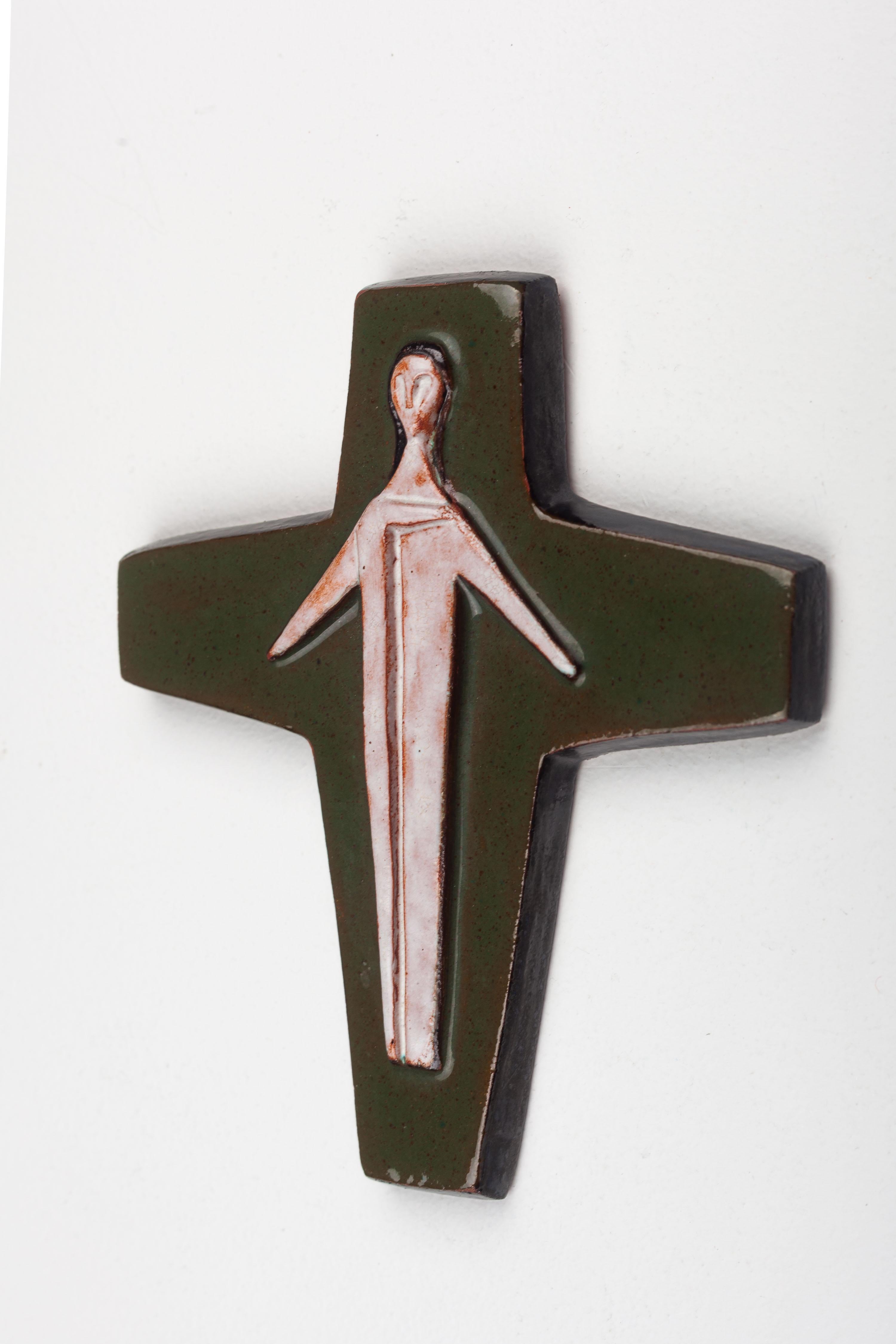 Midcentury European Glossy Ceramic Cross - Otherworldly Christ Figure For Sale 1