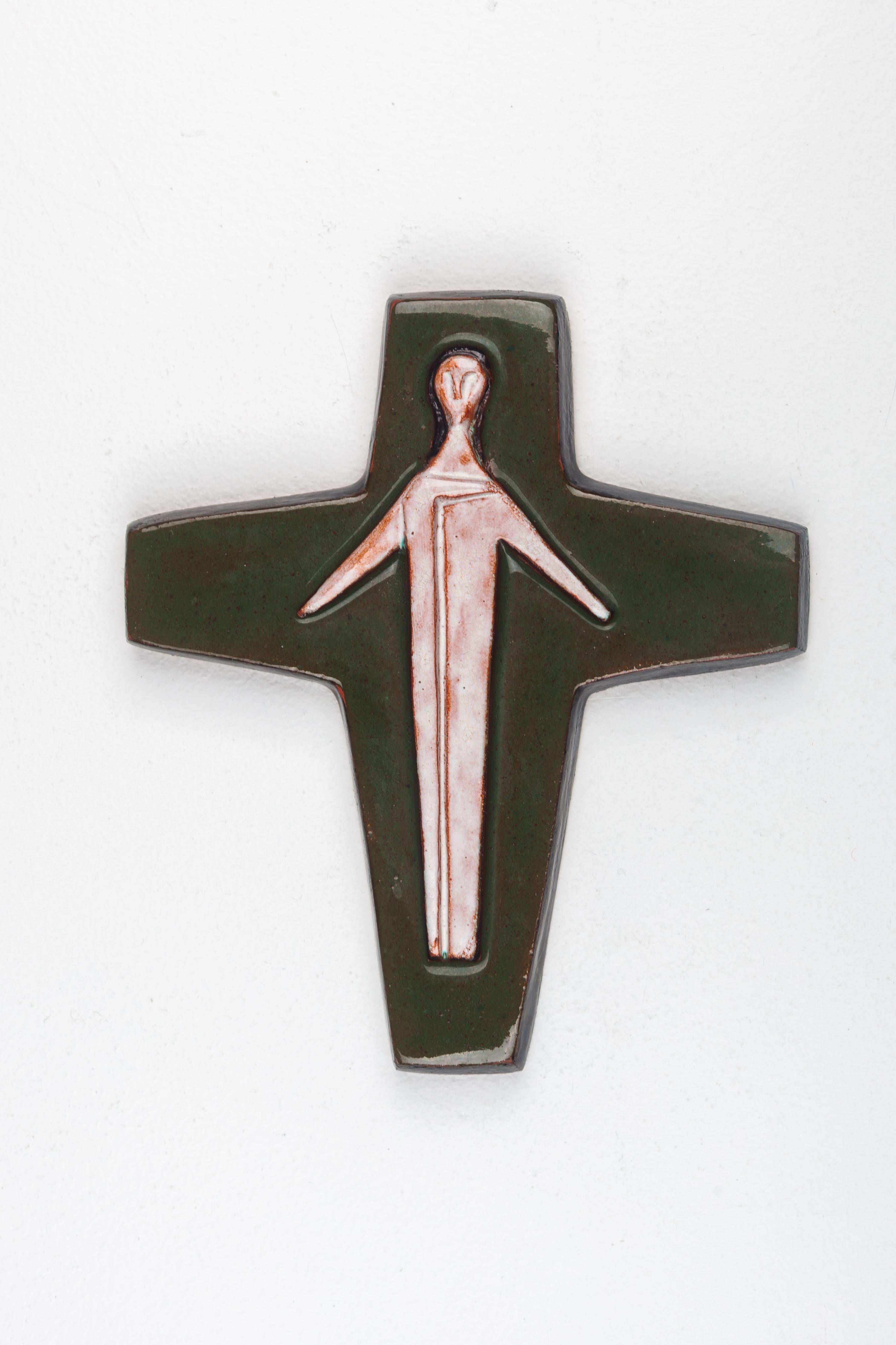 Midcentury European Glossy Ceramic Cross - Otherworldly Christ Figure For Sale