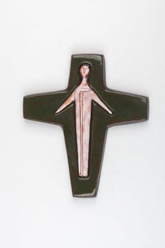 Midcentury European Glossy Ceramic Cross - Otherworldly Christ Figure