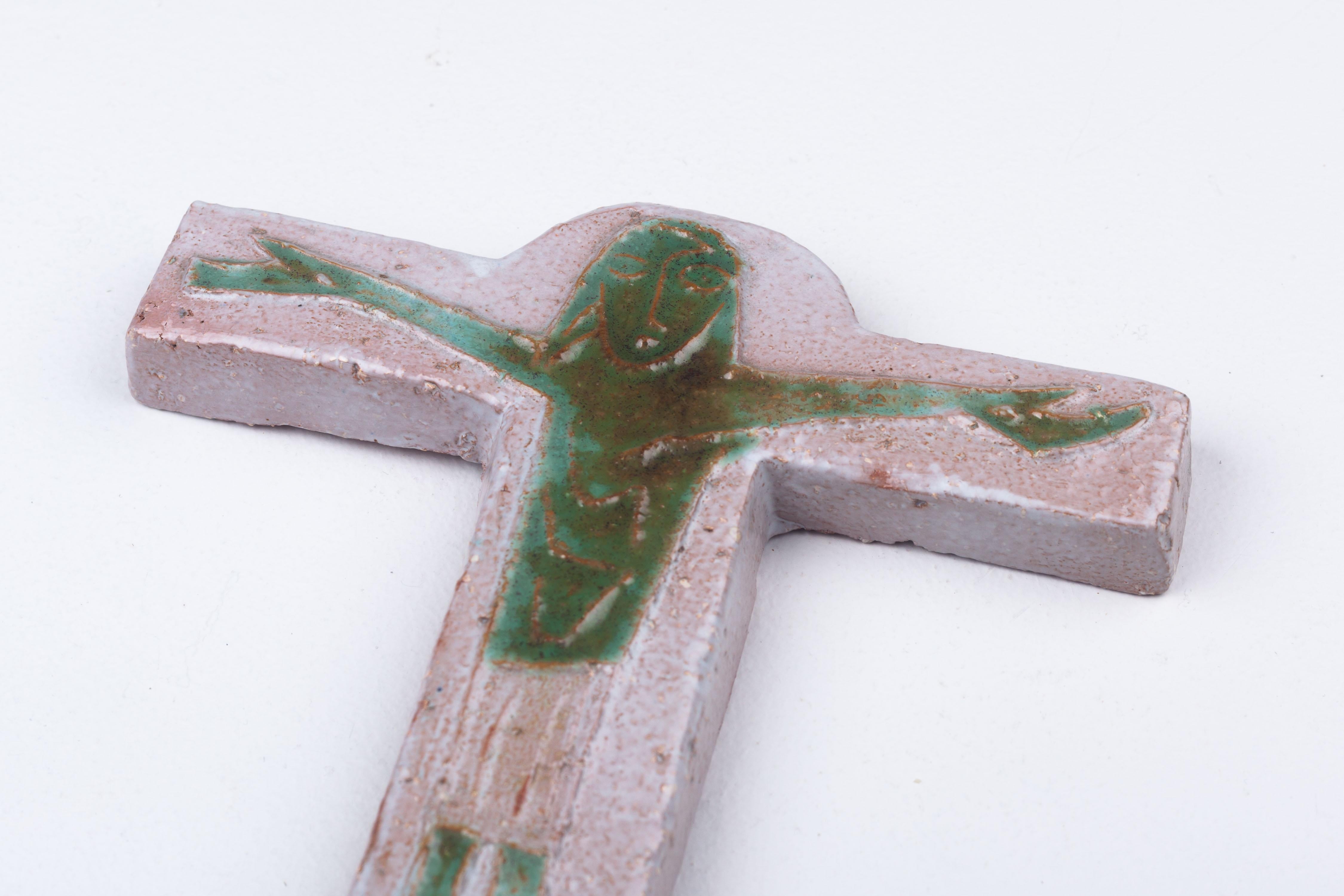 Midcentury European Gray Ceramic Cross with Otherworldly Green Christ Figure 6