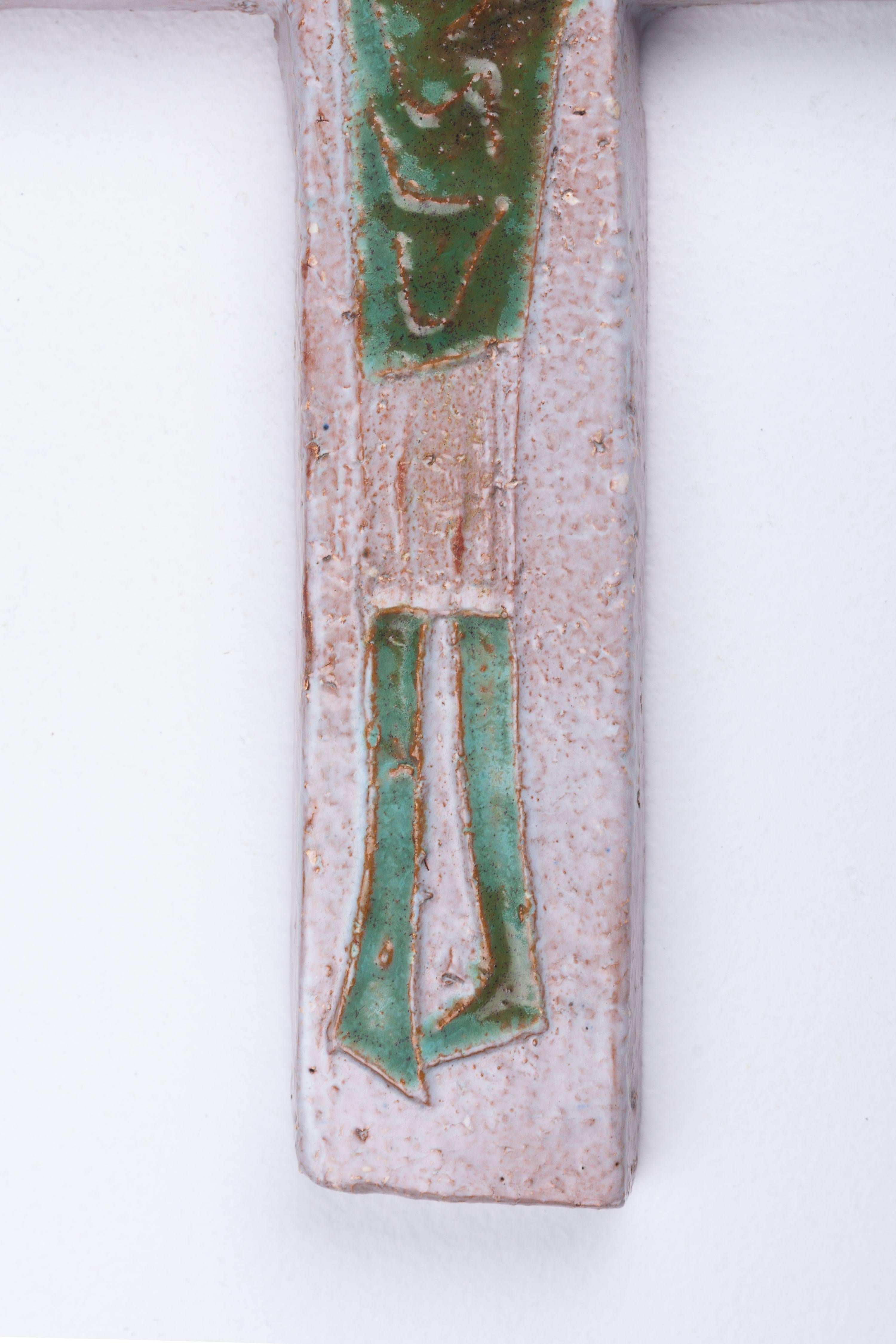 Midcentury European Gray Ceramic Cross with Otherworldly Green Christ Figure 9