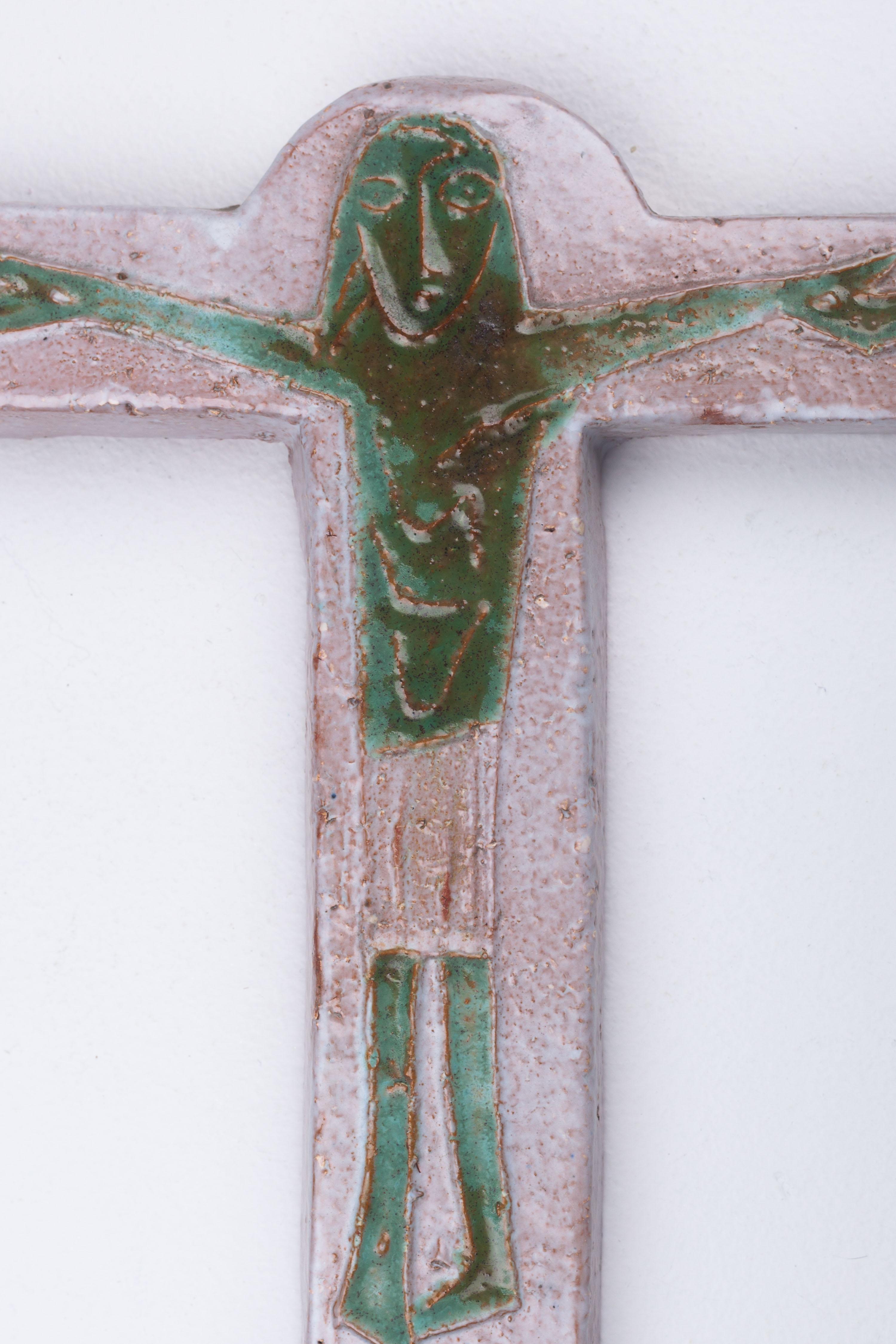 Midcentury European Gray Ceramic Cross with Otherworldly Green Christ Figure 10