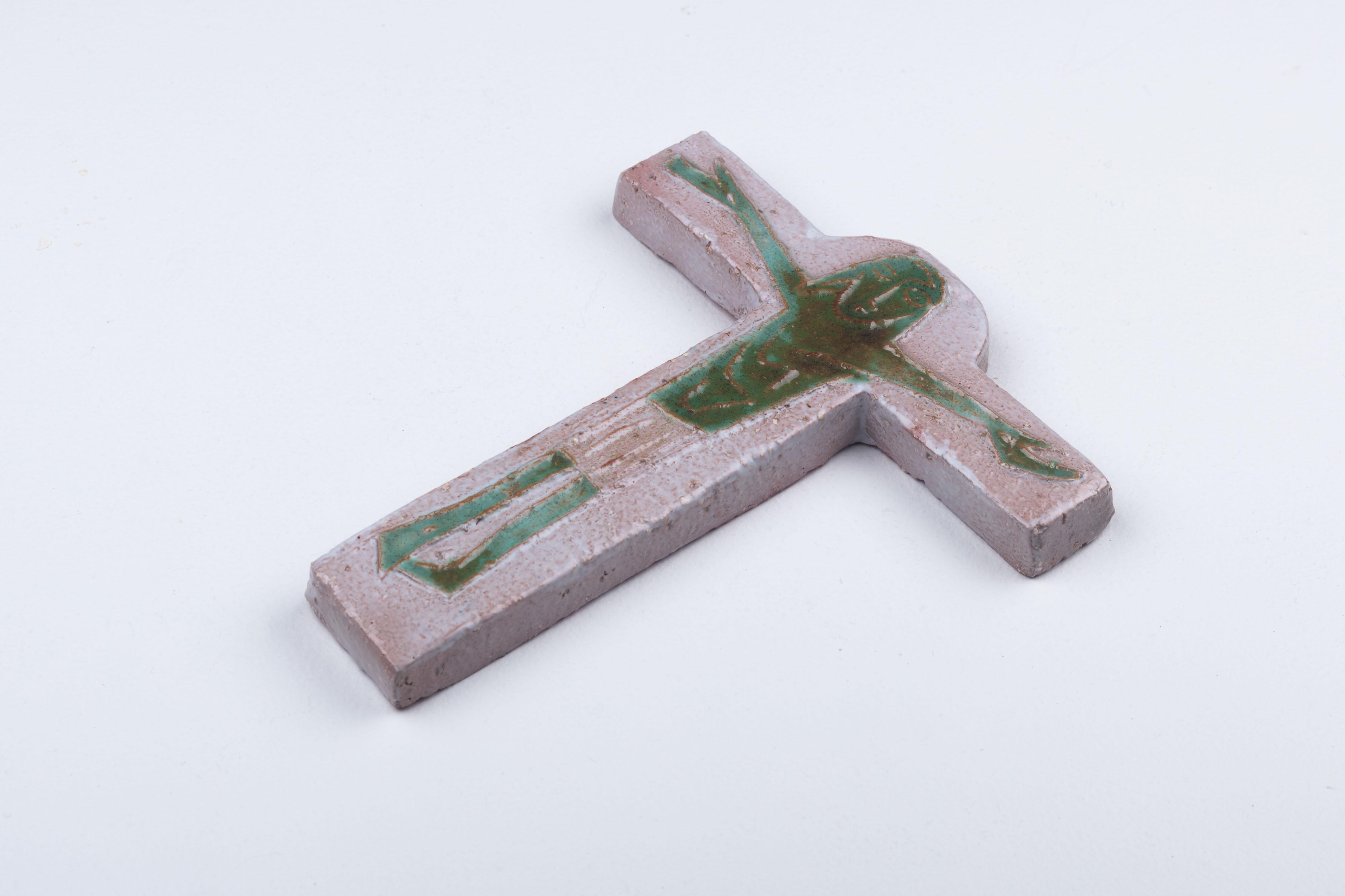 Midcentury European Gray Ceramic Cross with Otherworldly Green Christ Figure 11