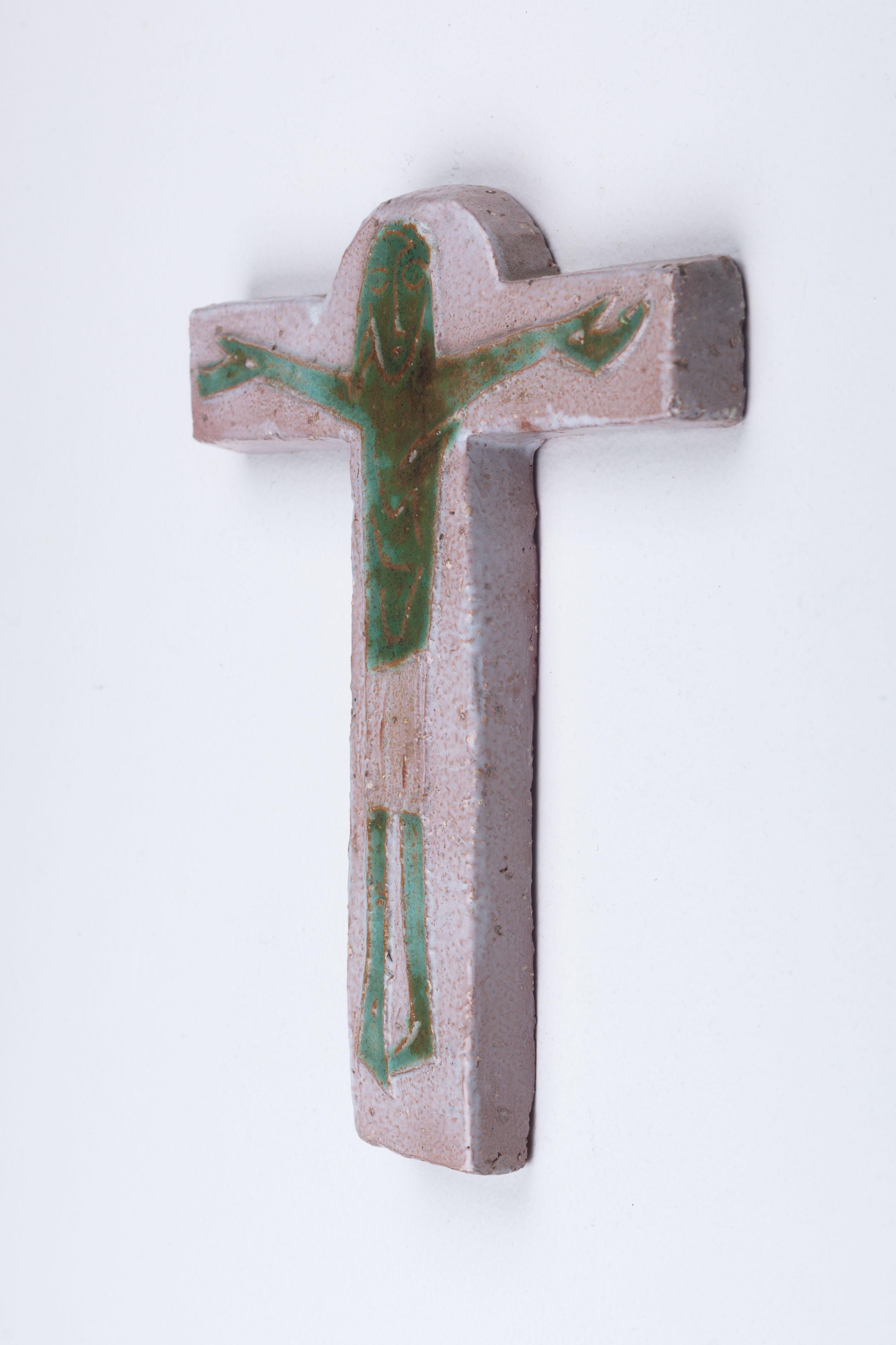 Brutalist Midcentury European Gray Ceramic Cross with Otherworldly Green Christ Figure