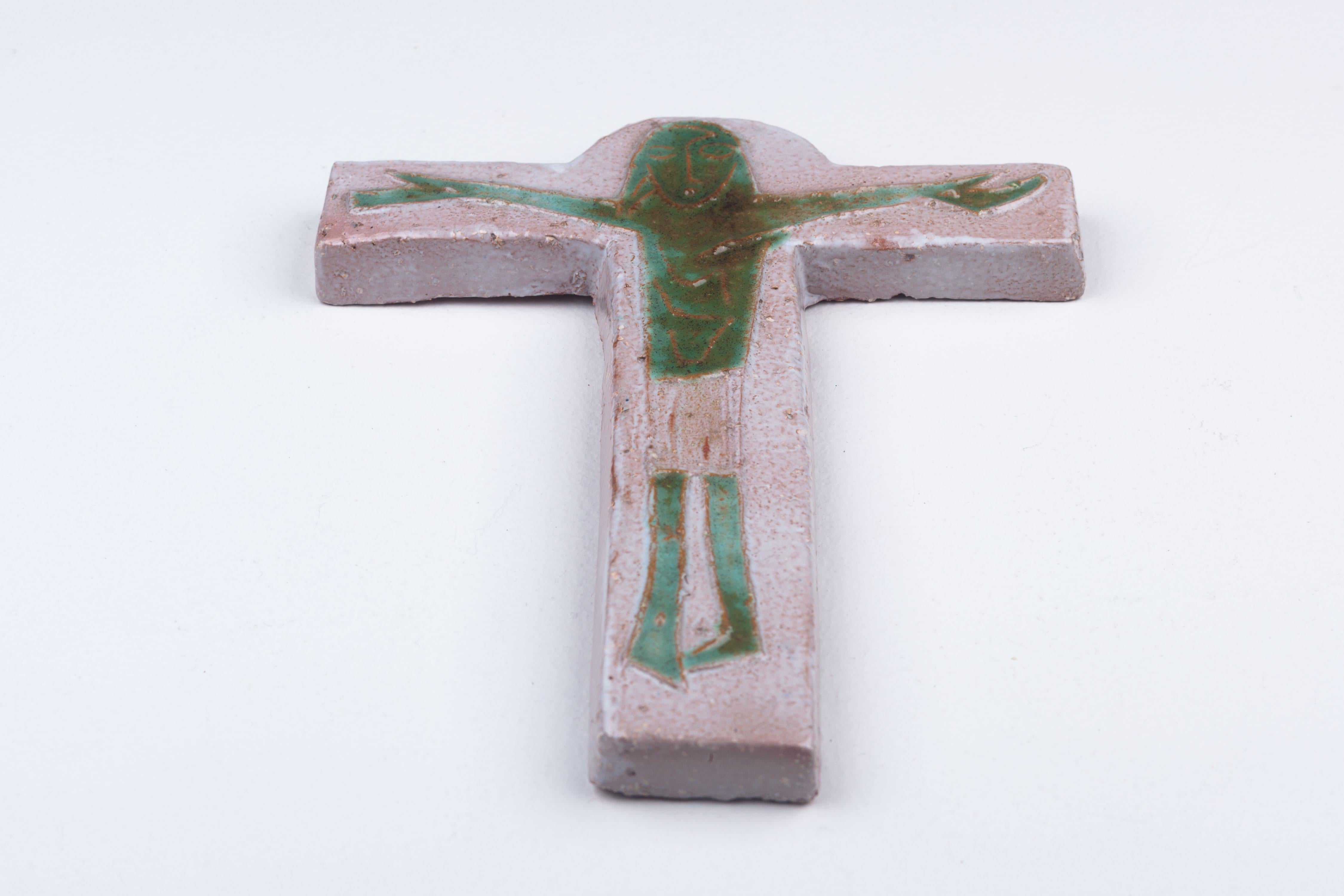 Mid-20th Century Midcentury European Gray Ceramic Cross with Otherworldly Green Christ Figure