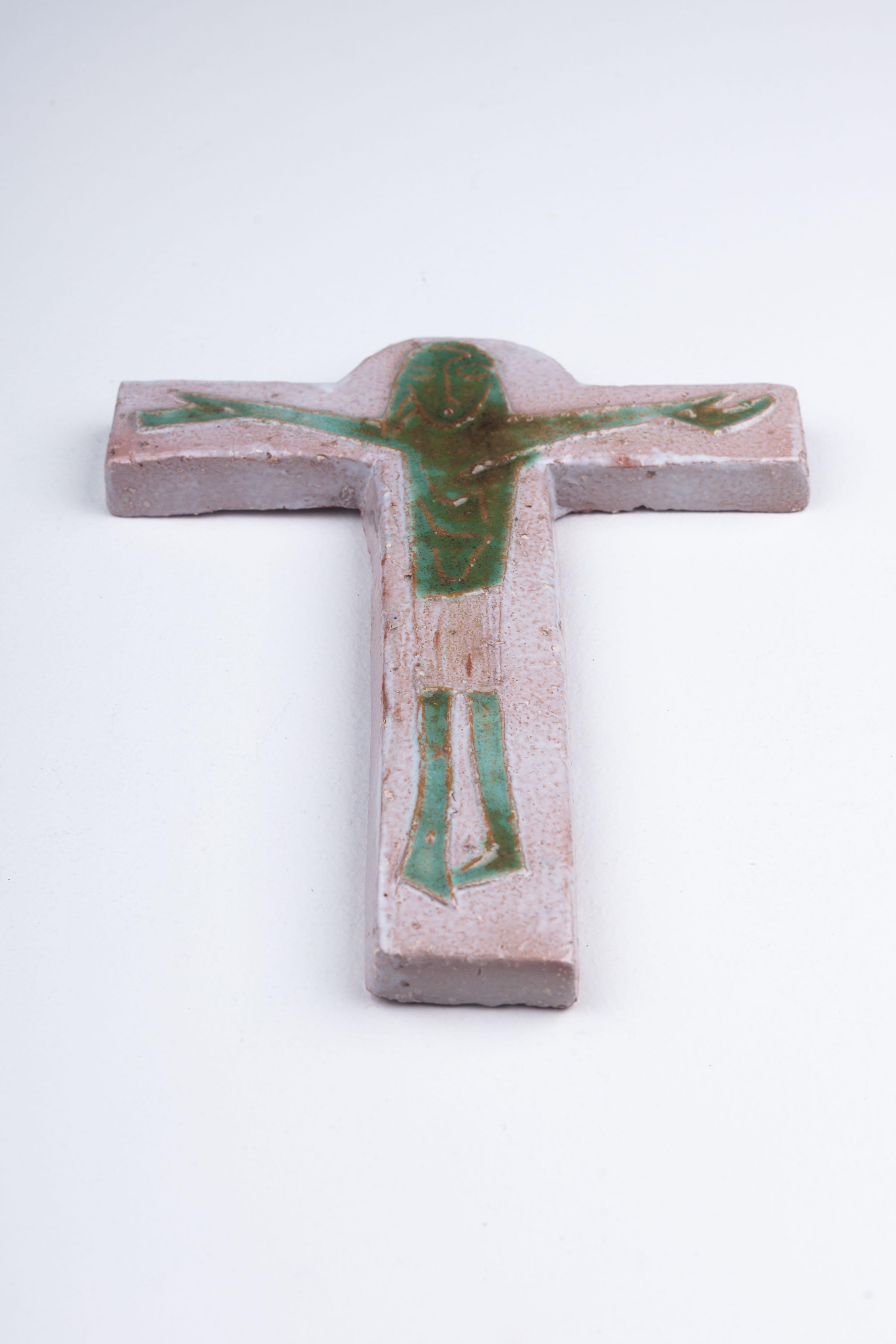 Midcentury European Gray Ceramic Cross with Otherworldly Green Christ Figure 1