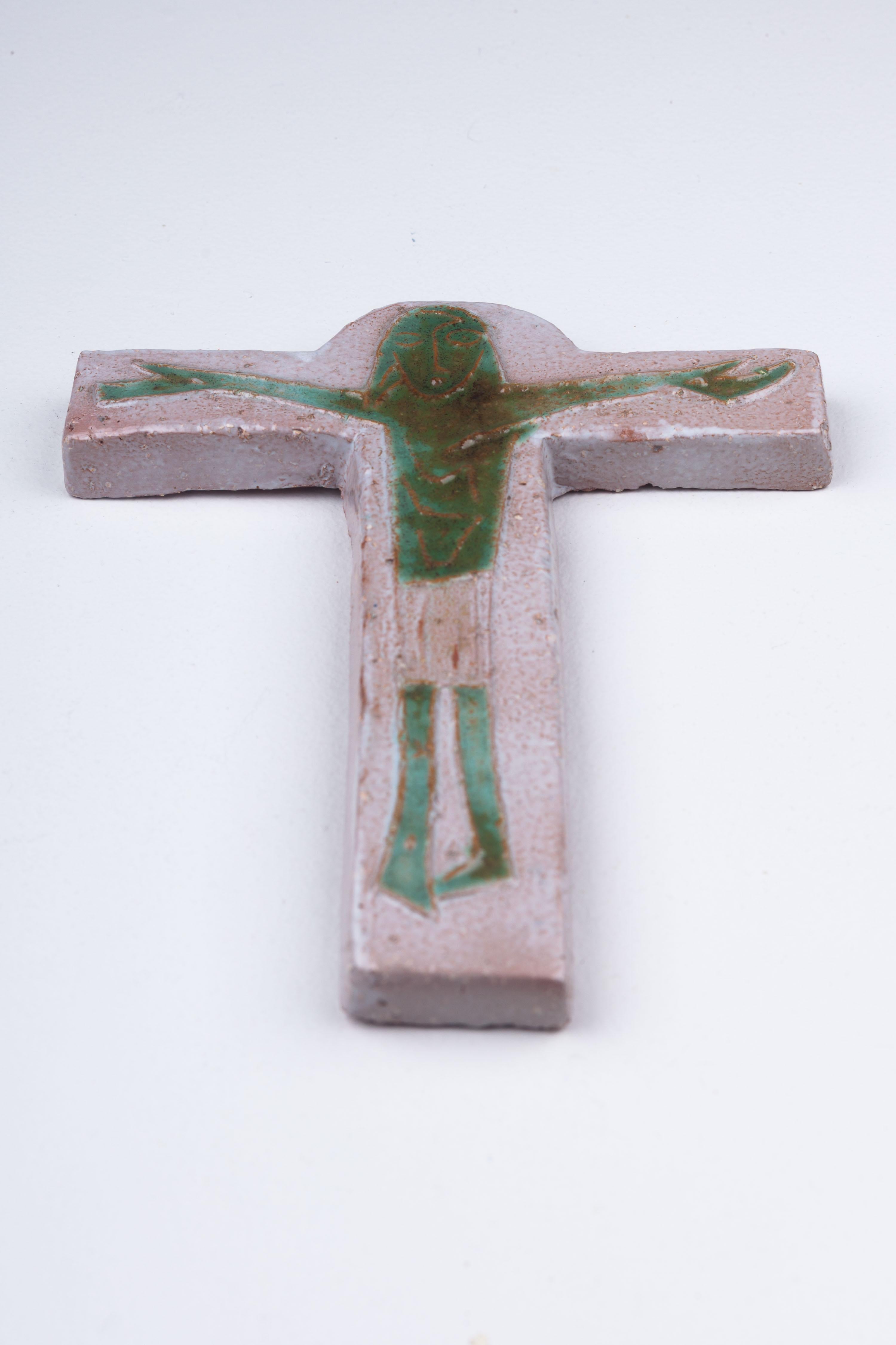 Midcentury European Gray Ceramic Cross with Otherworldly Green Christ Figure 2