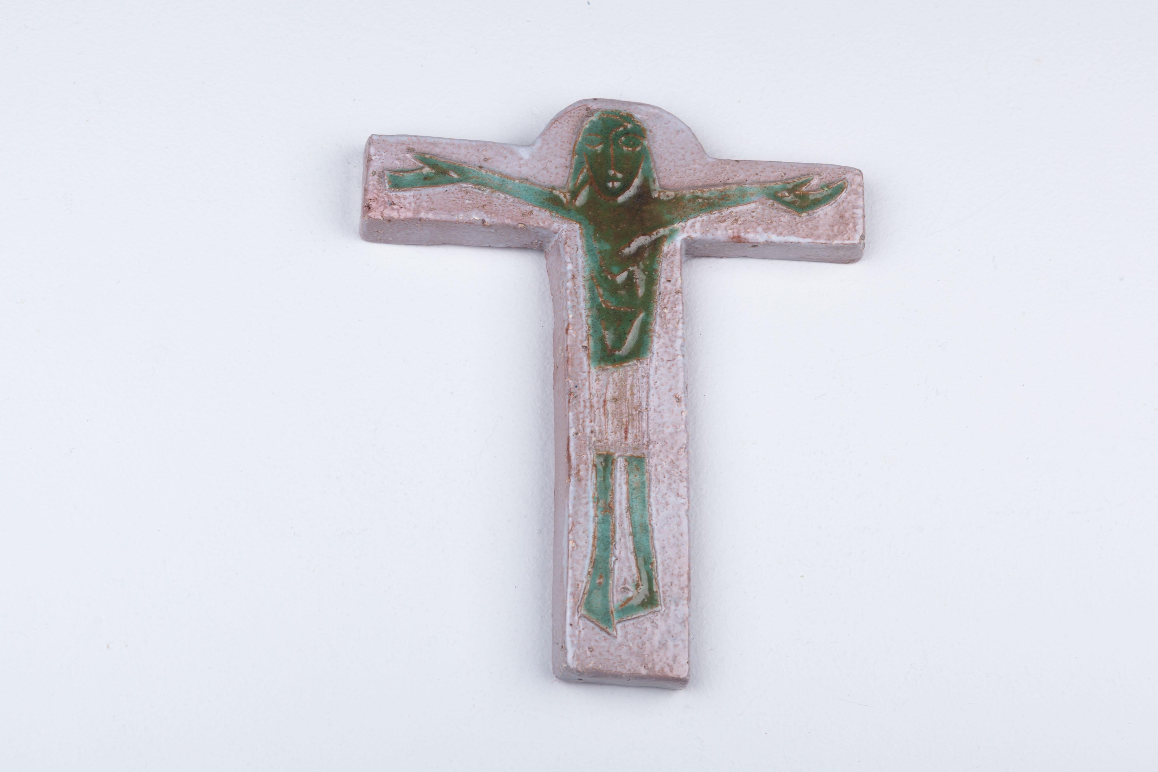 Midcentury European Gray Ceramic Cross with Otherworldly Green Christ Figure 3