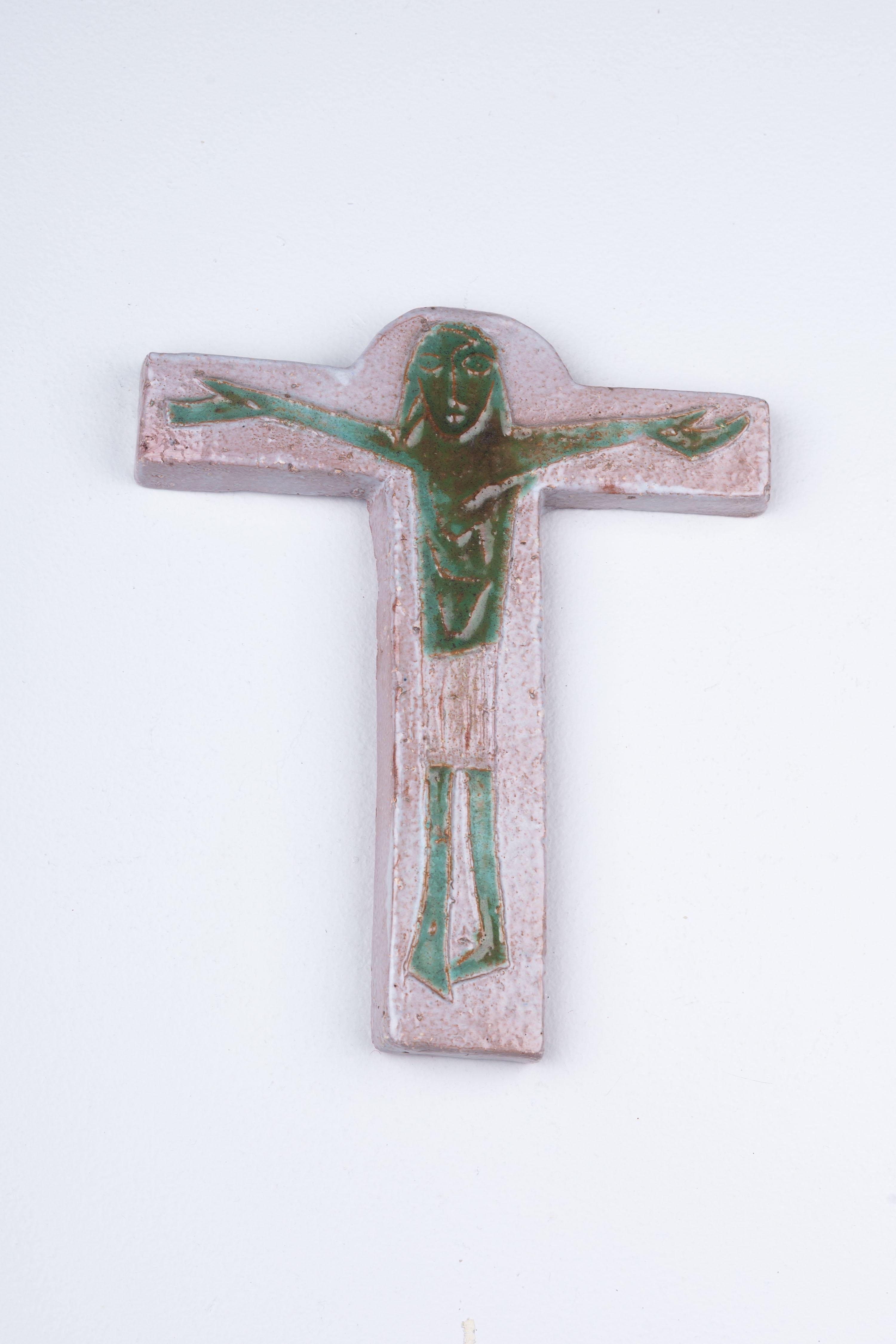 Midcentury European Gray Ceramic Cross with Otherworldly Green Christ Figure 4