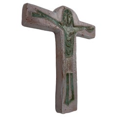 Midcentury European Gray Ceramic Cross with Otherworldly Green Christ Figure