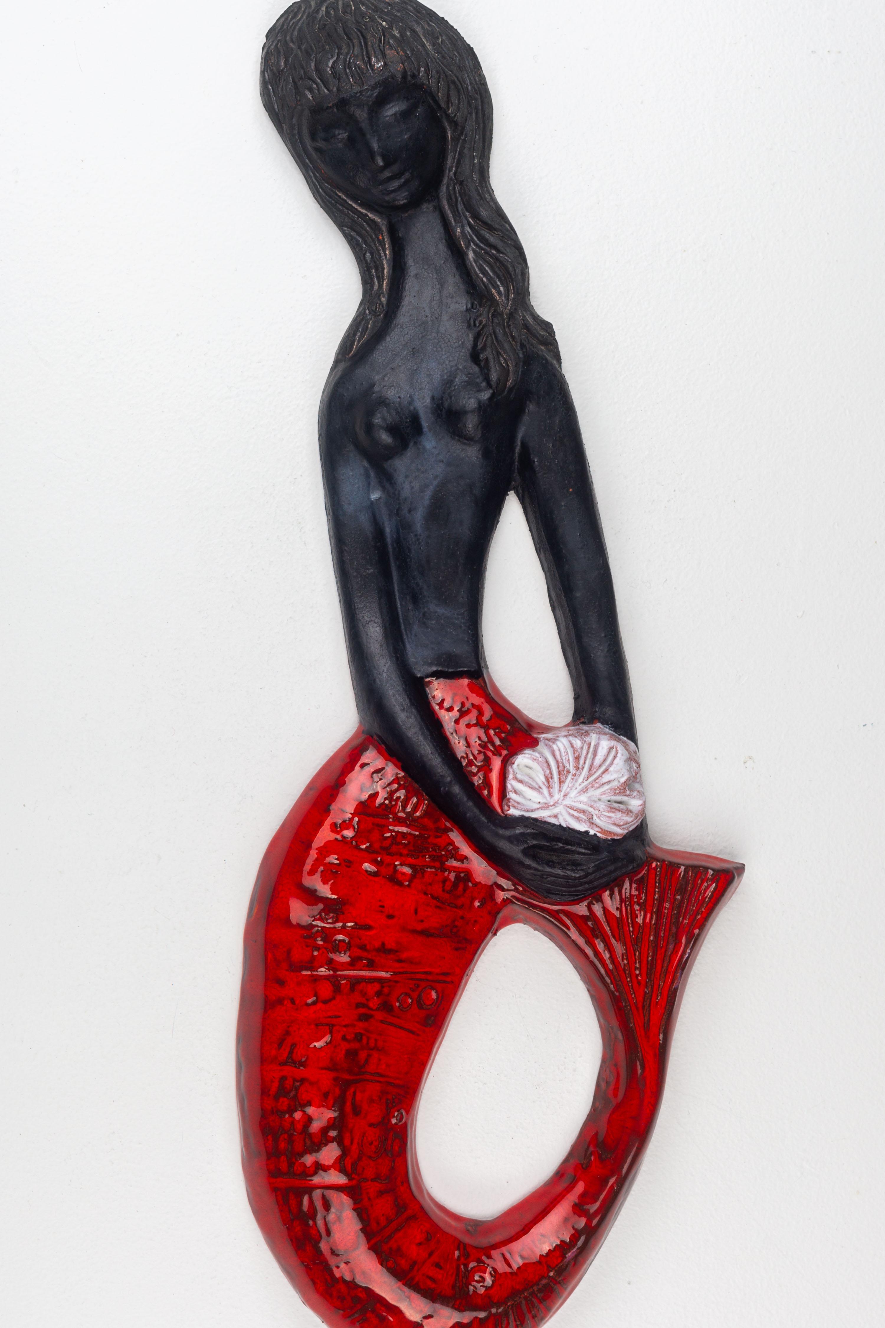 Midcentury European Mermaid Ceramic Wall Art, Black and Red, 1960s For Sale 6