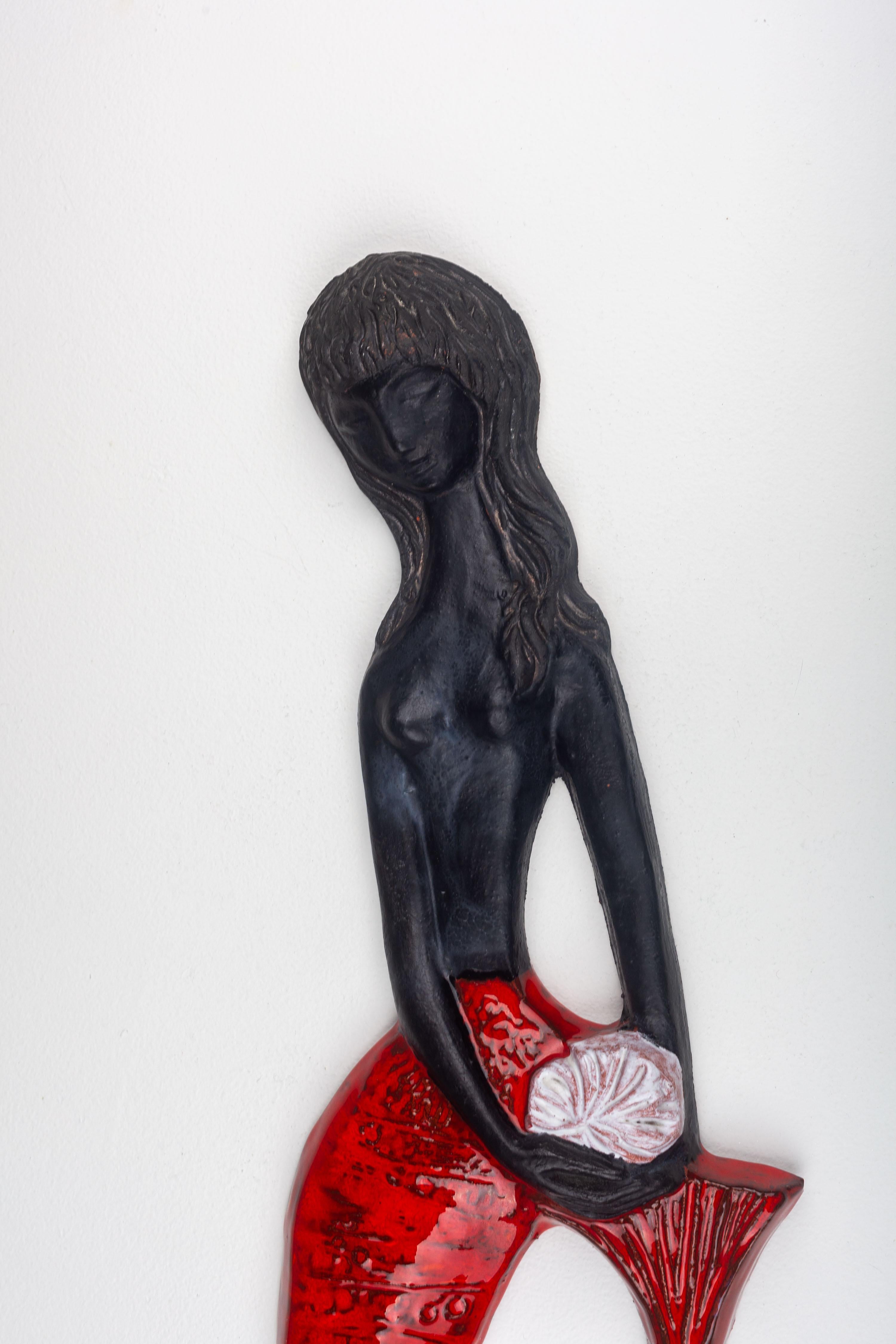 Mid-20th Century Midcentury European Mermaid Ceramic Wall Art, Black and Red, 1960s For Sale