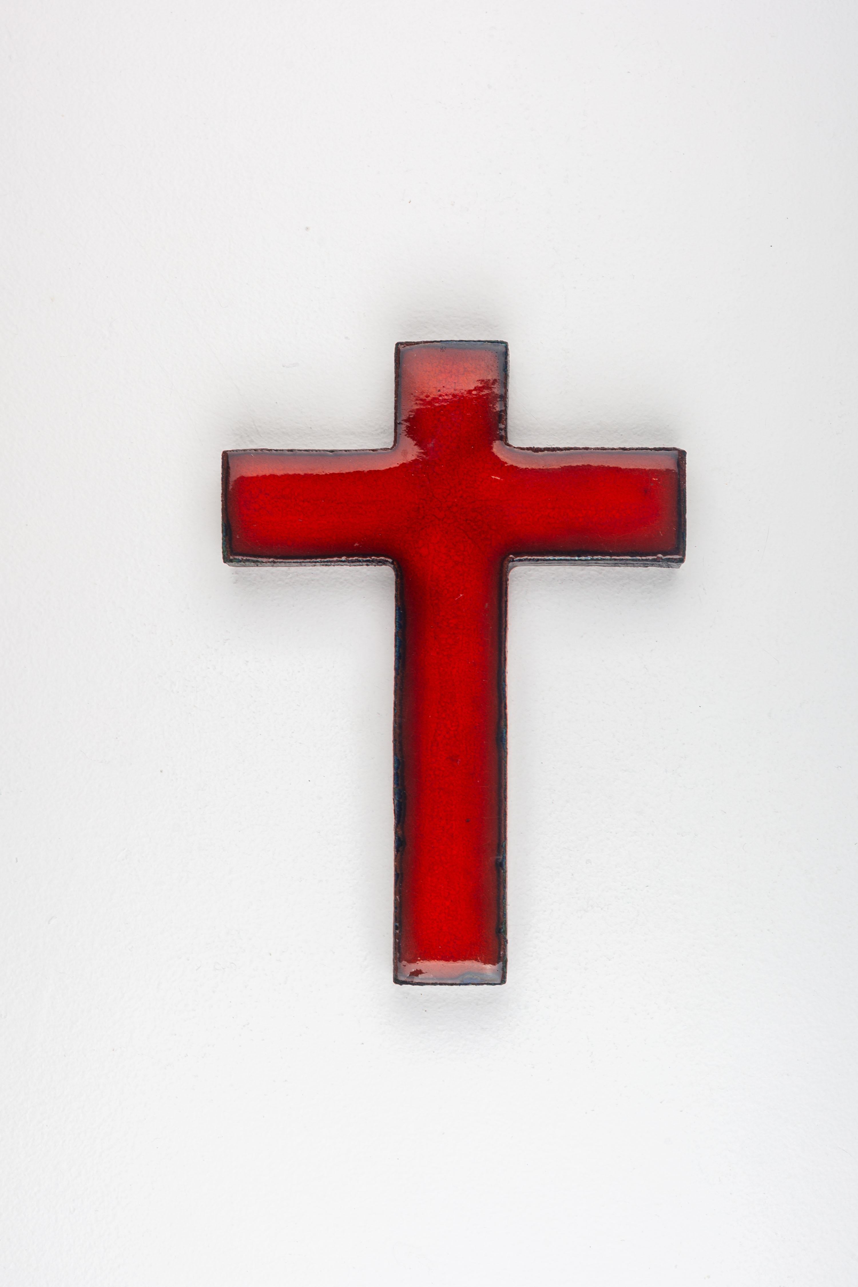 Mid-Century Modern Midcentury European Red Glossy Ceramic Cross Unique Vintage Collectible For Sale